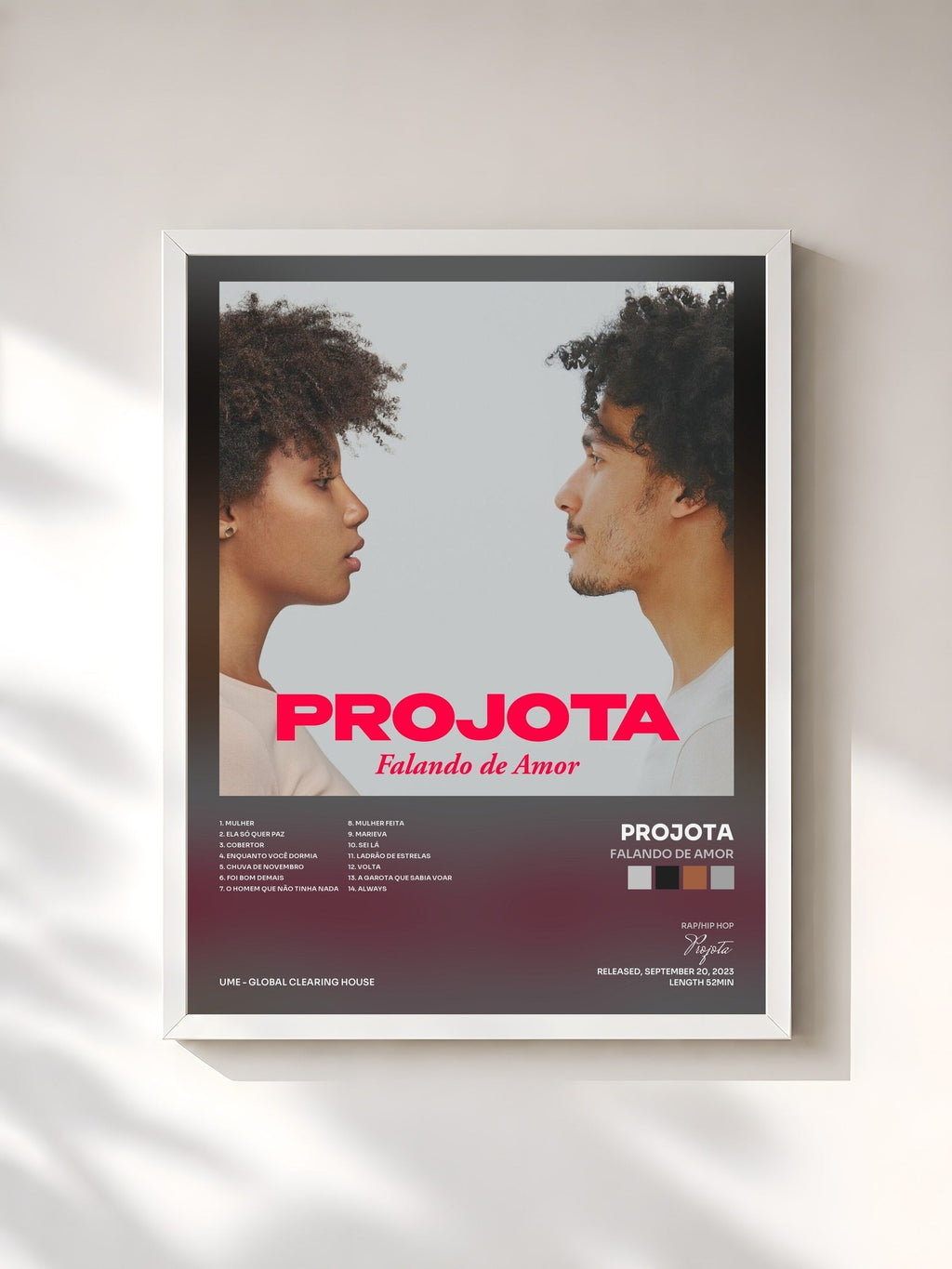 #blanc Tableau de l'album Falando de Amor de Projota, cadre blanc, imprimé et encadré en France