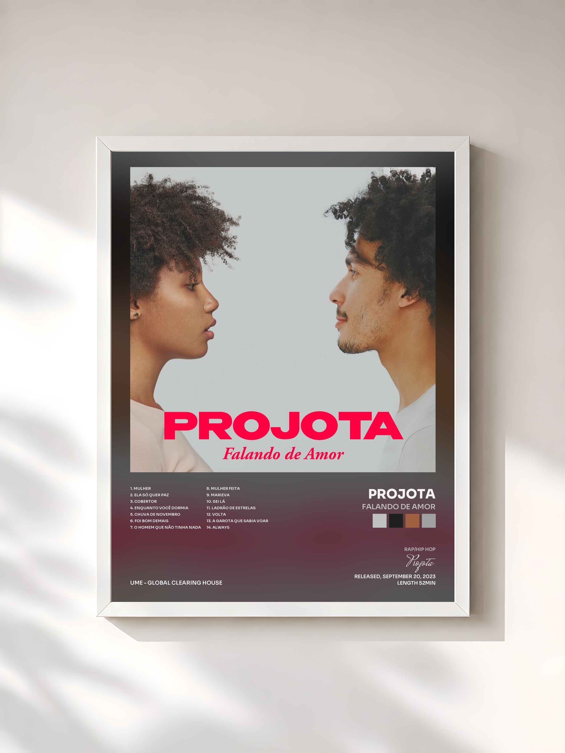 #blanc Tableau de l'album Falando de Amor de Projota, cadre blanc, imprimé et encadré en France