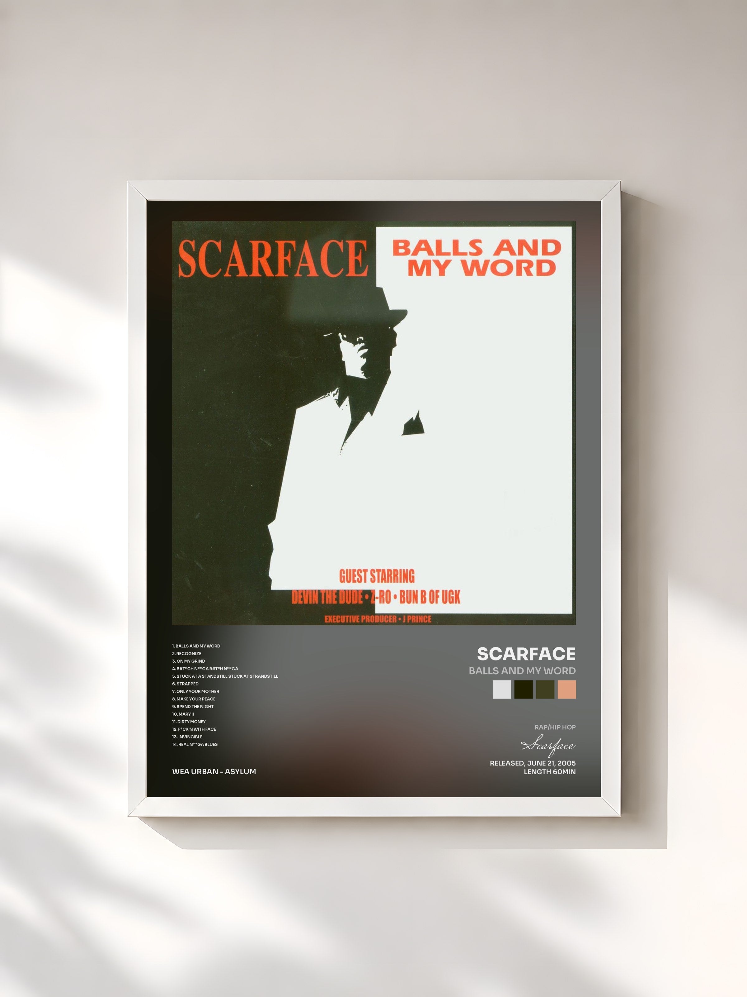 #blanc Tableau de l'album Balls And My Word de Scarface, cadre blanc, imprimé et encadré en France