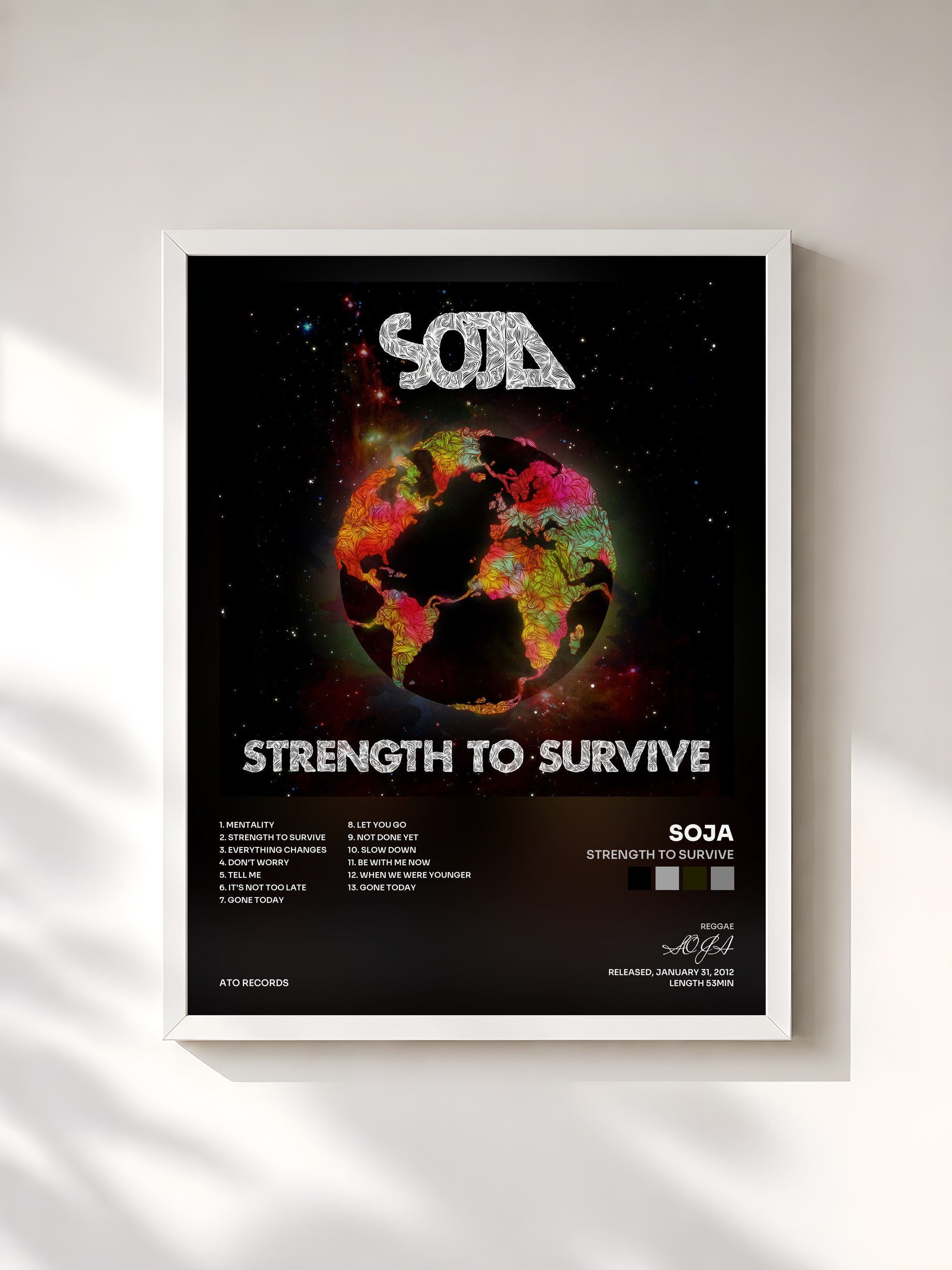 #blanc Tableau de l'album Strength To Survive de SOJA, cadre blanc, imprimé et encadré en France