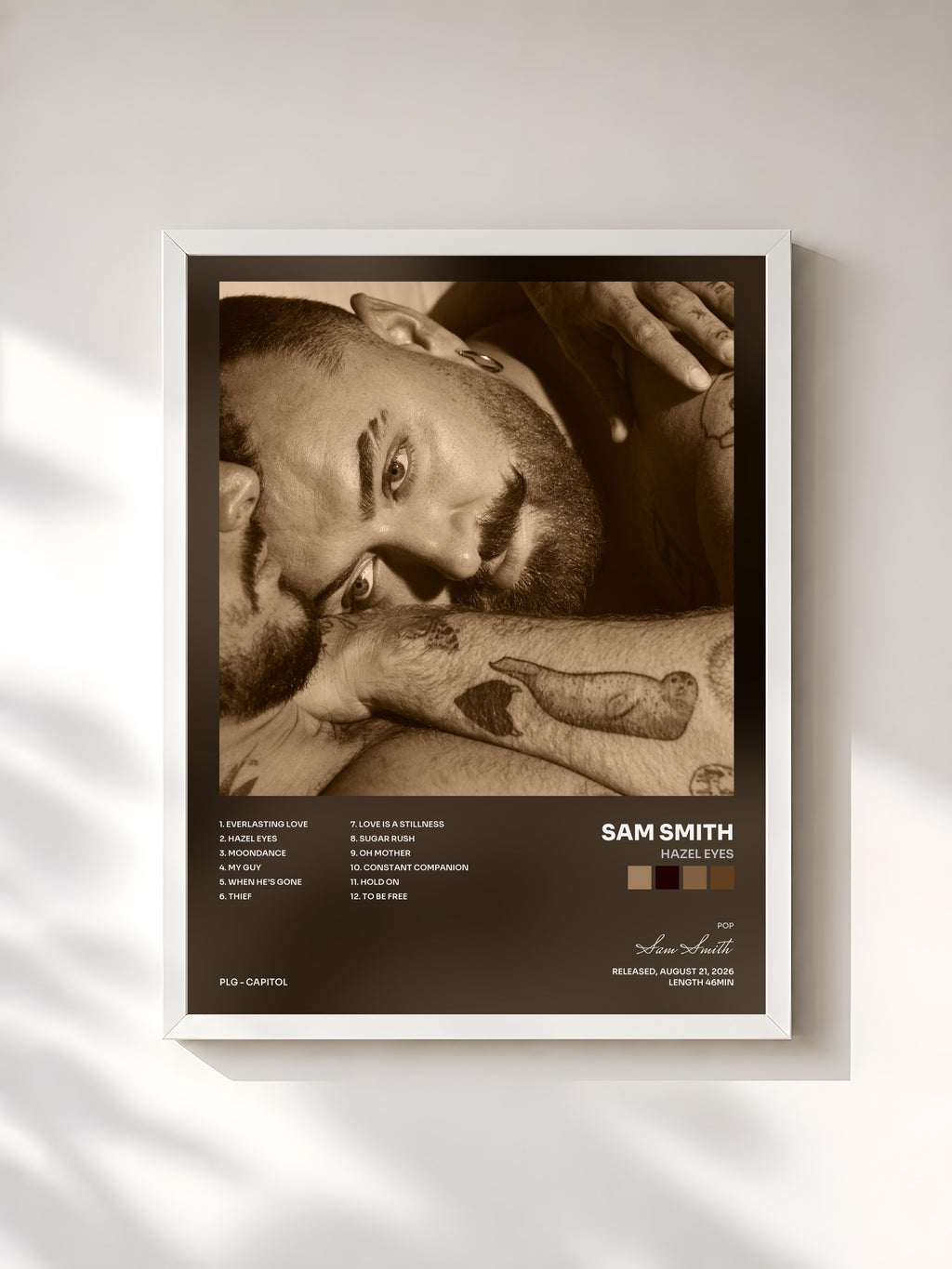 #blanc Tableau de l'album Hazel Eyes de Sam Smith, cadre blanc, imprimé et encadré en France