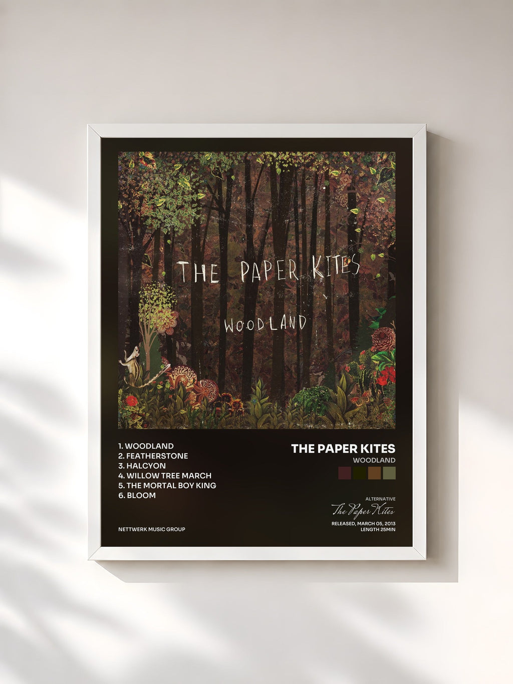 #blanc Tableau de l'album Woodland de The Paper Kites, cadre blanc, imprimé et encadré en France
