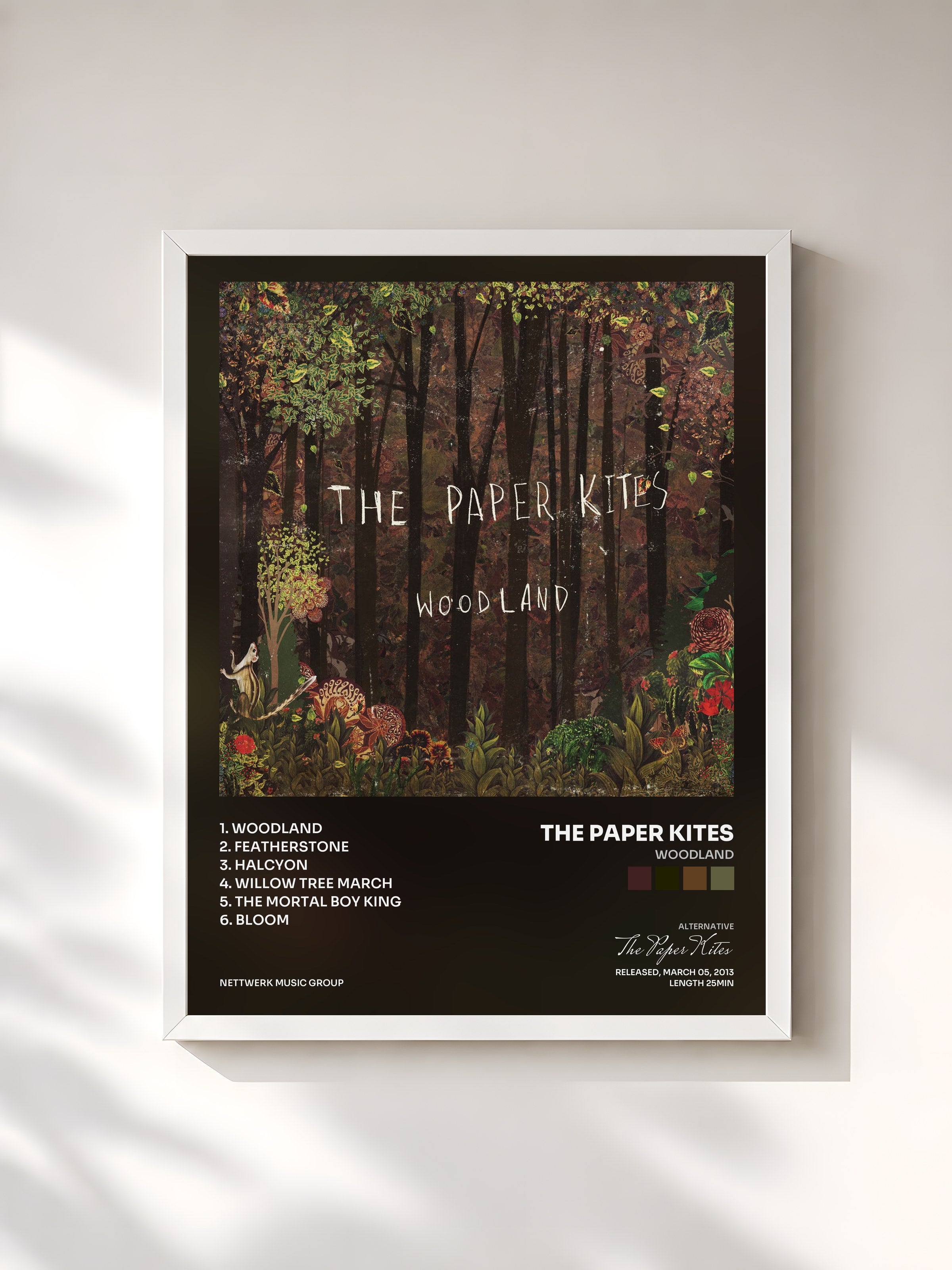 #blanc Tableau de l'album Woodland de The Paper Kites, cadre blanc, imprimé et encadré en France