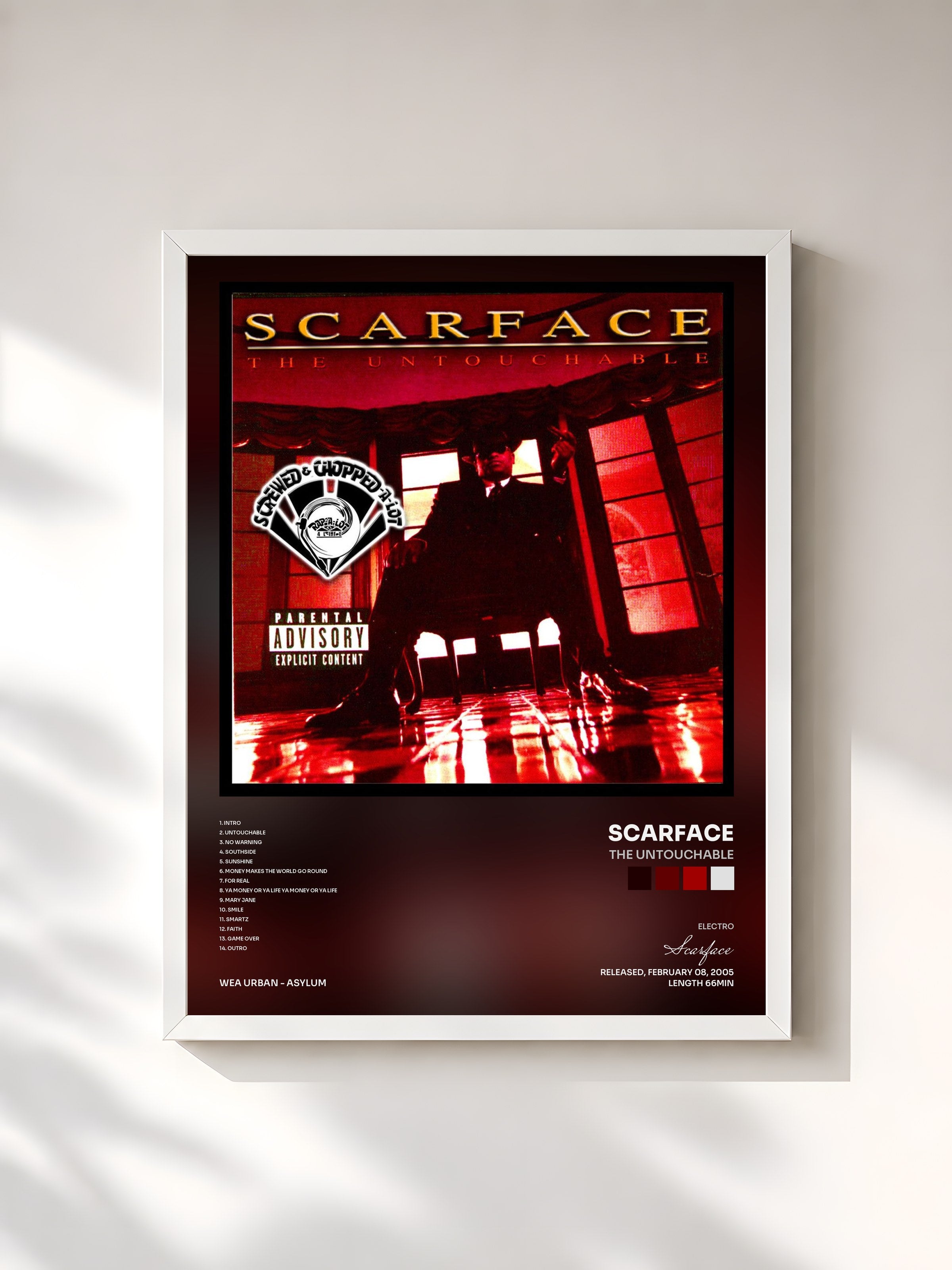 #blanc Tableau de l'album The Untouchable de Scarface, cadre blanc, imprimé et encadré en France