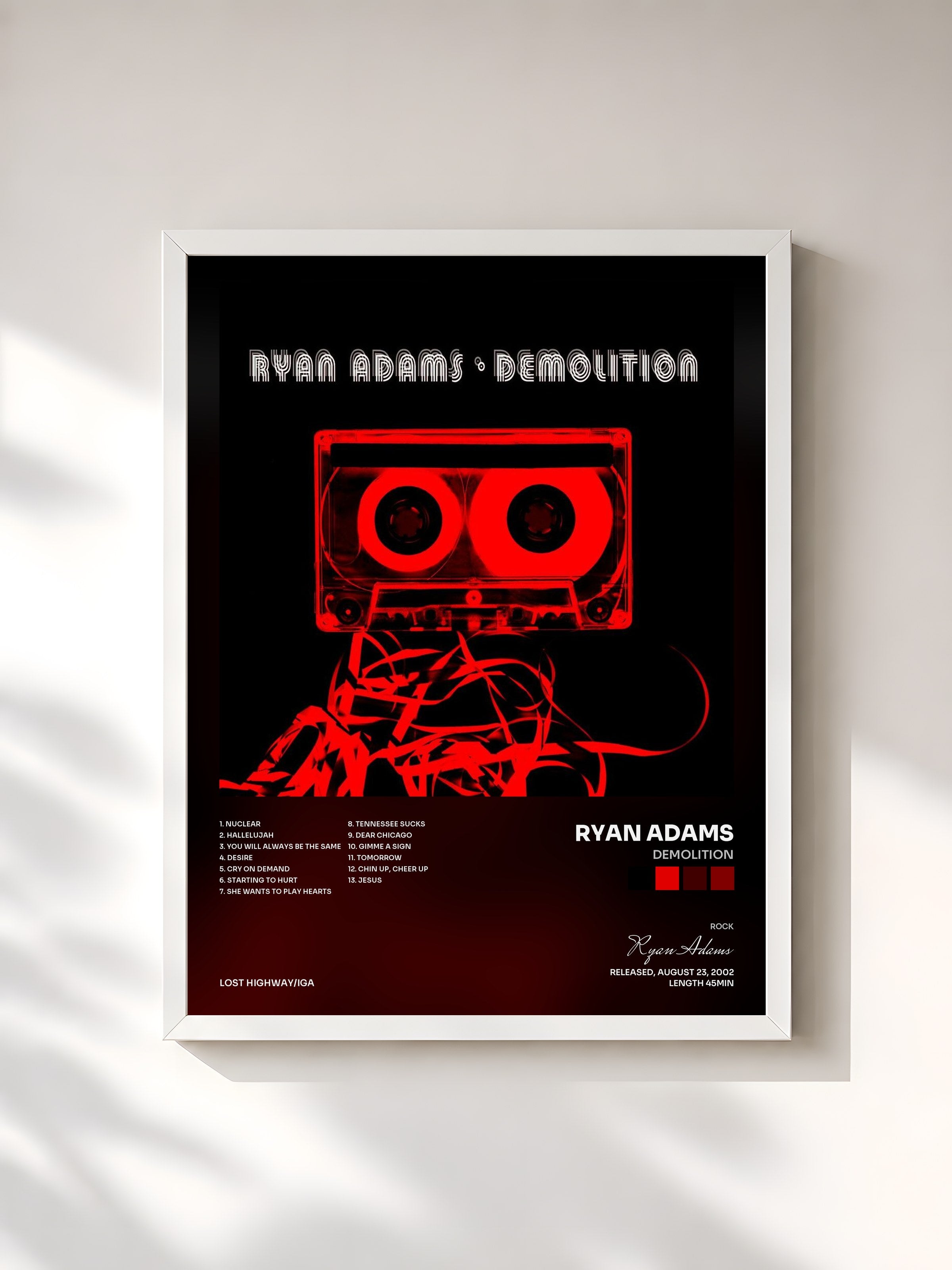 #blanc Tableau de l'album Demolition de Ryan Adams, cadre blanc, imprimé et encadré en France