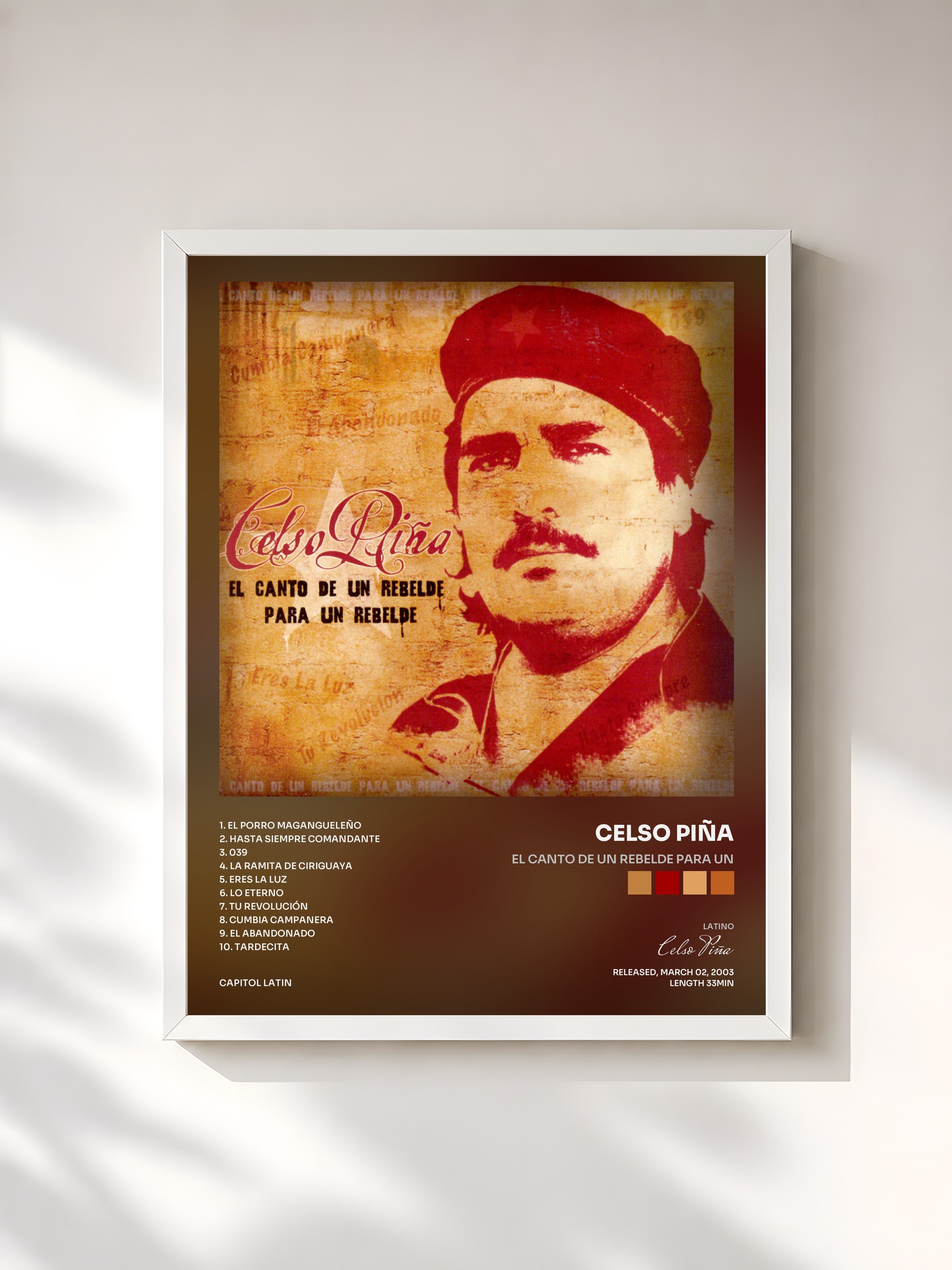 #blanc Tableau de l'album El Canto De Un Rebelde Para Un de Celso Piña, cadre blanc, imprimé et encadré en France