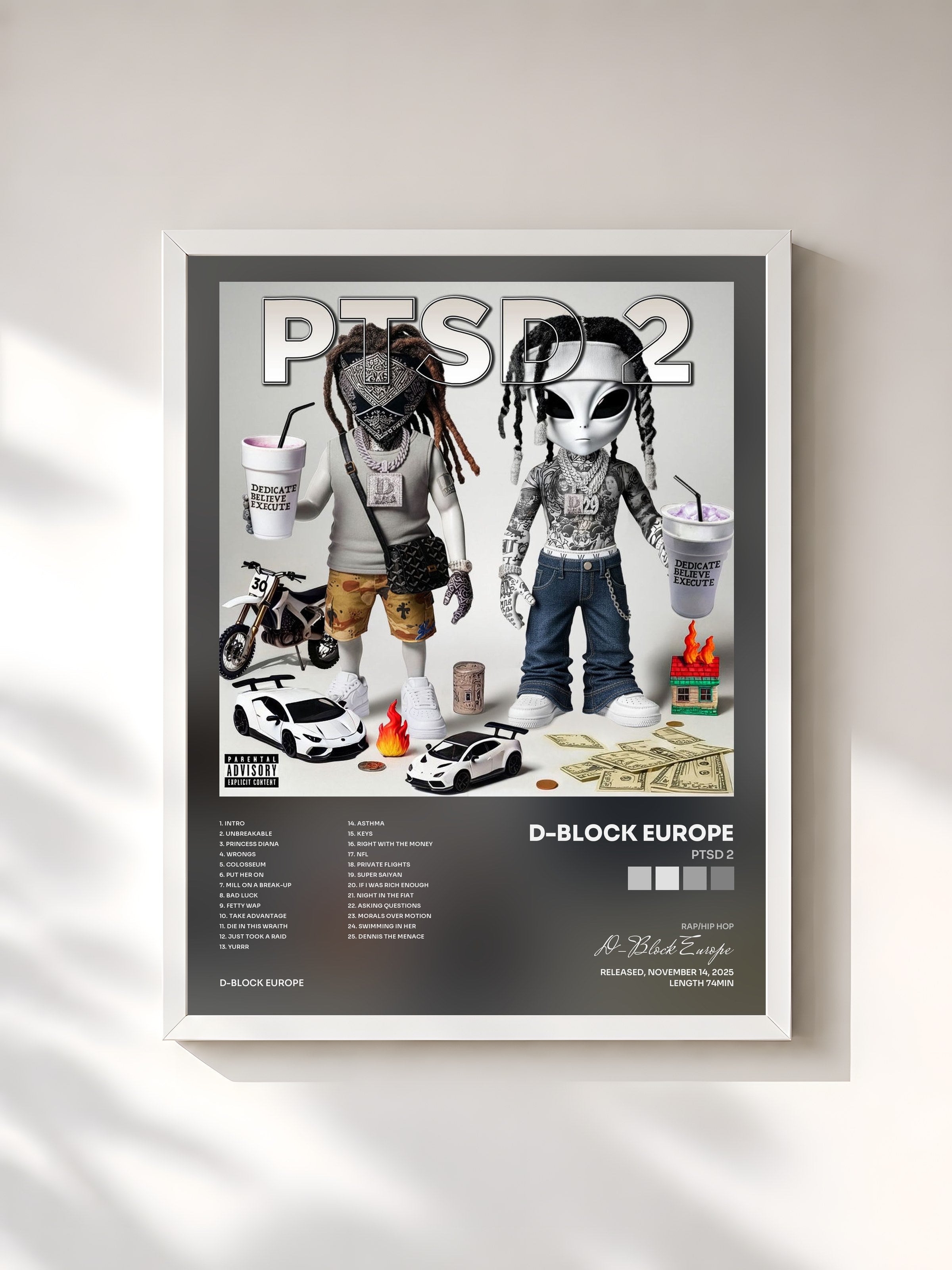 #blanc Tableau de l'album PTSD 2 de D-Block Europe, cadre blanc, imprimé et encadré en France