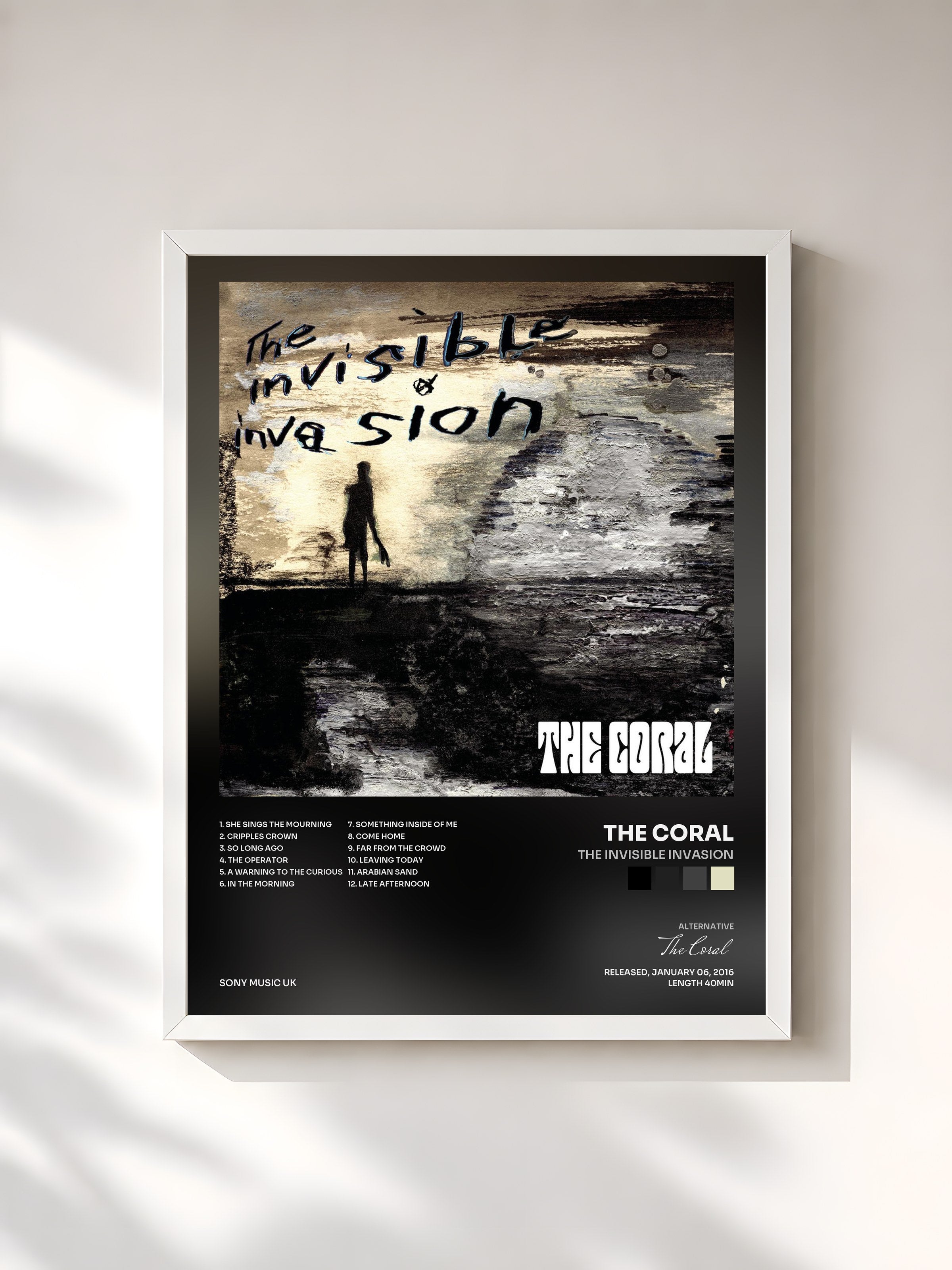 #blanc Tableau de l'album The Invisible Invasion de The Coral, cadre blanc, imprimé et encadré en France