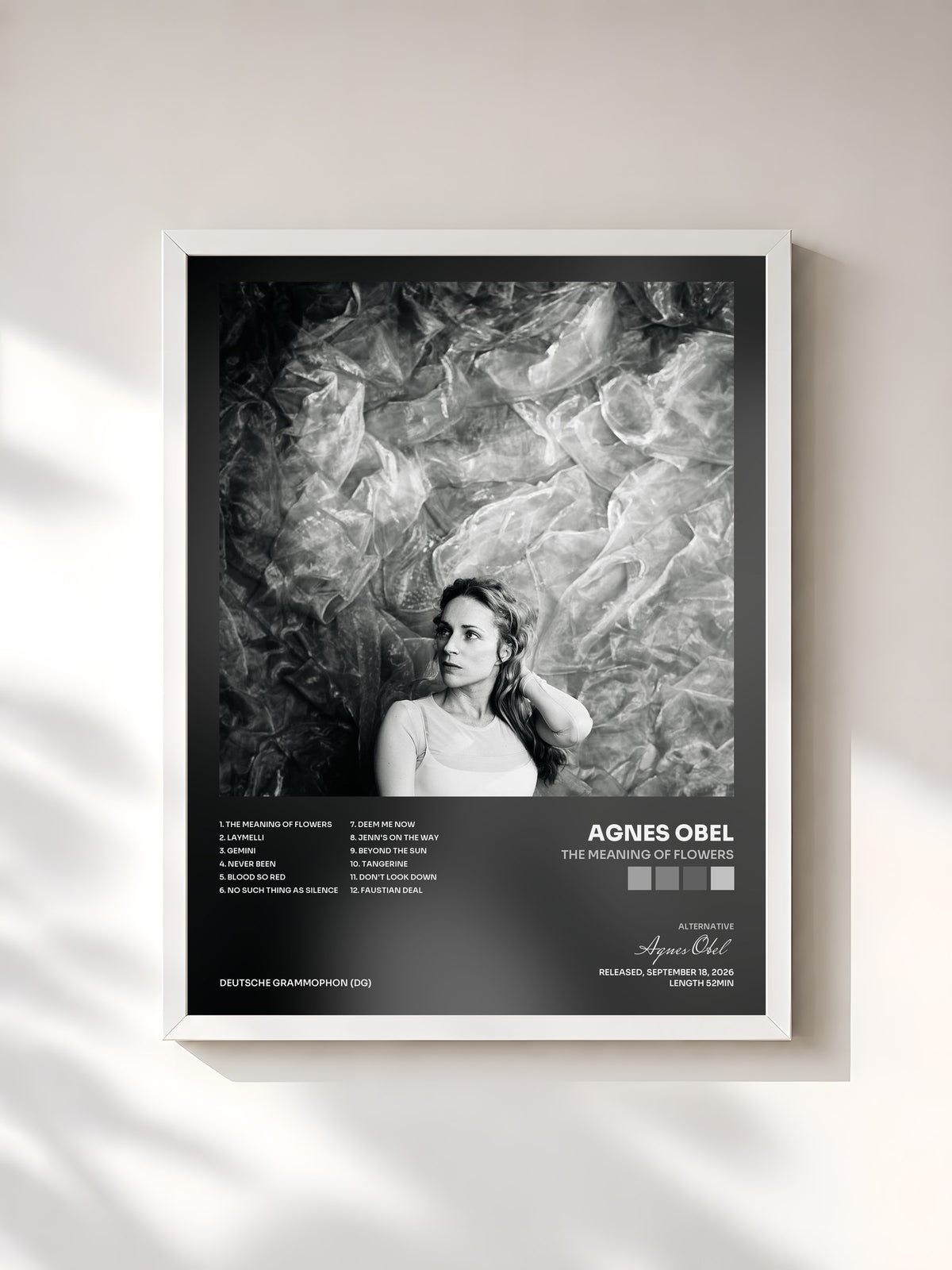 #blanc Tableau de l'album The Meaning of Flowers de Agnes Obel, cadre blanc, imprimé et encadré en France