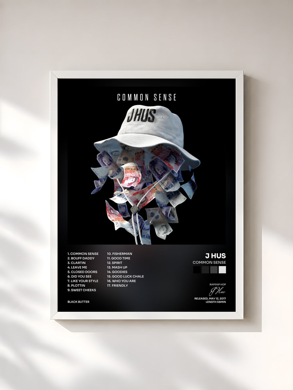 #blanc Tableau de l'album Common Sense de J Hus, cadre blanc, imprimé et encadré en France
