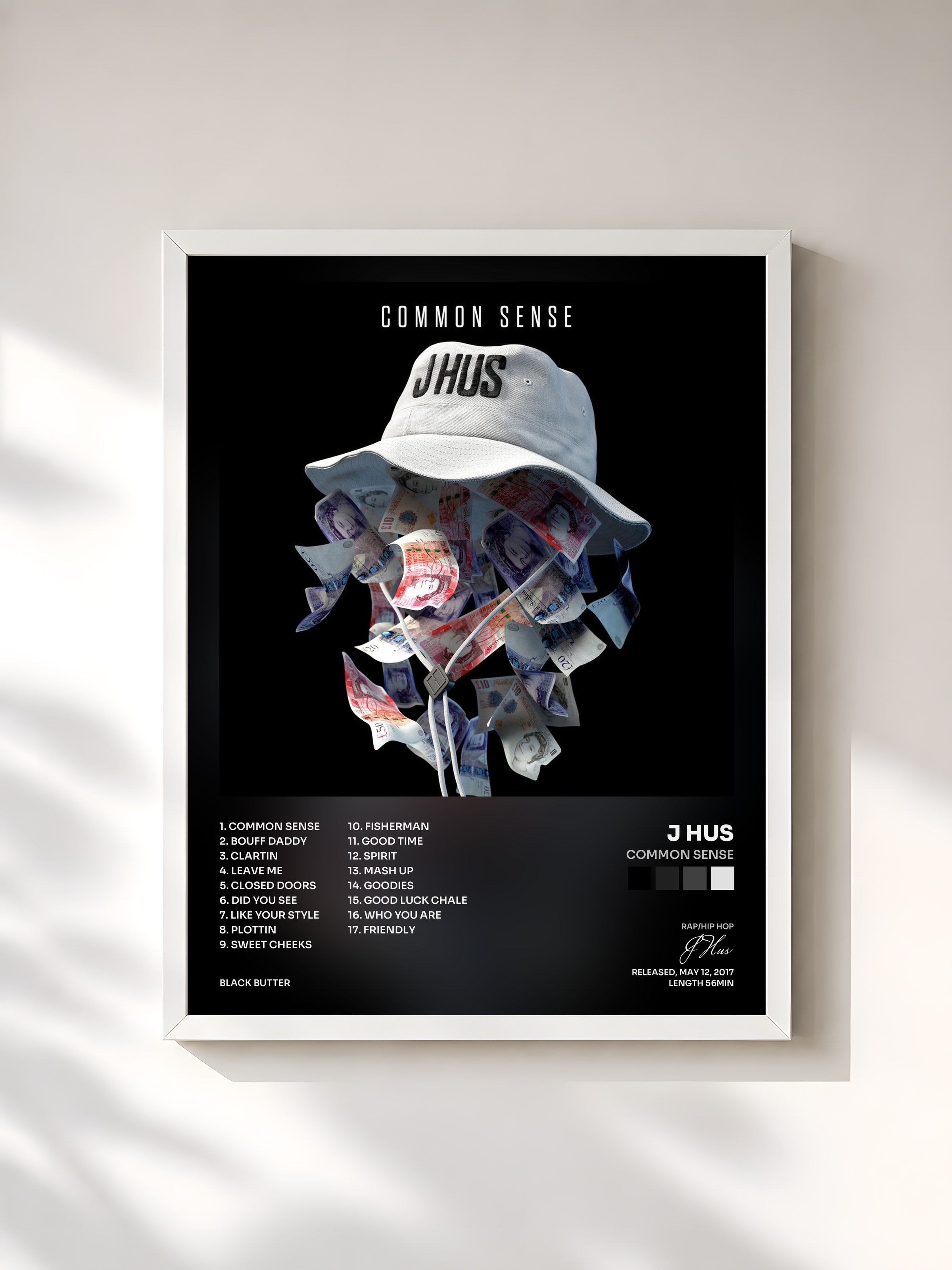 #blanc Tableau de l'album Common Sense de J Hus, cadre blanc, imprimé et encadré en France