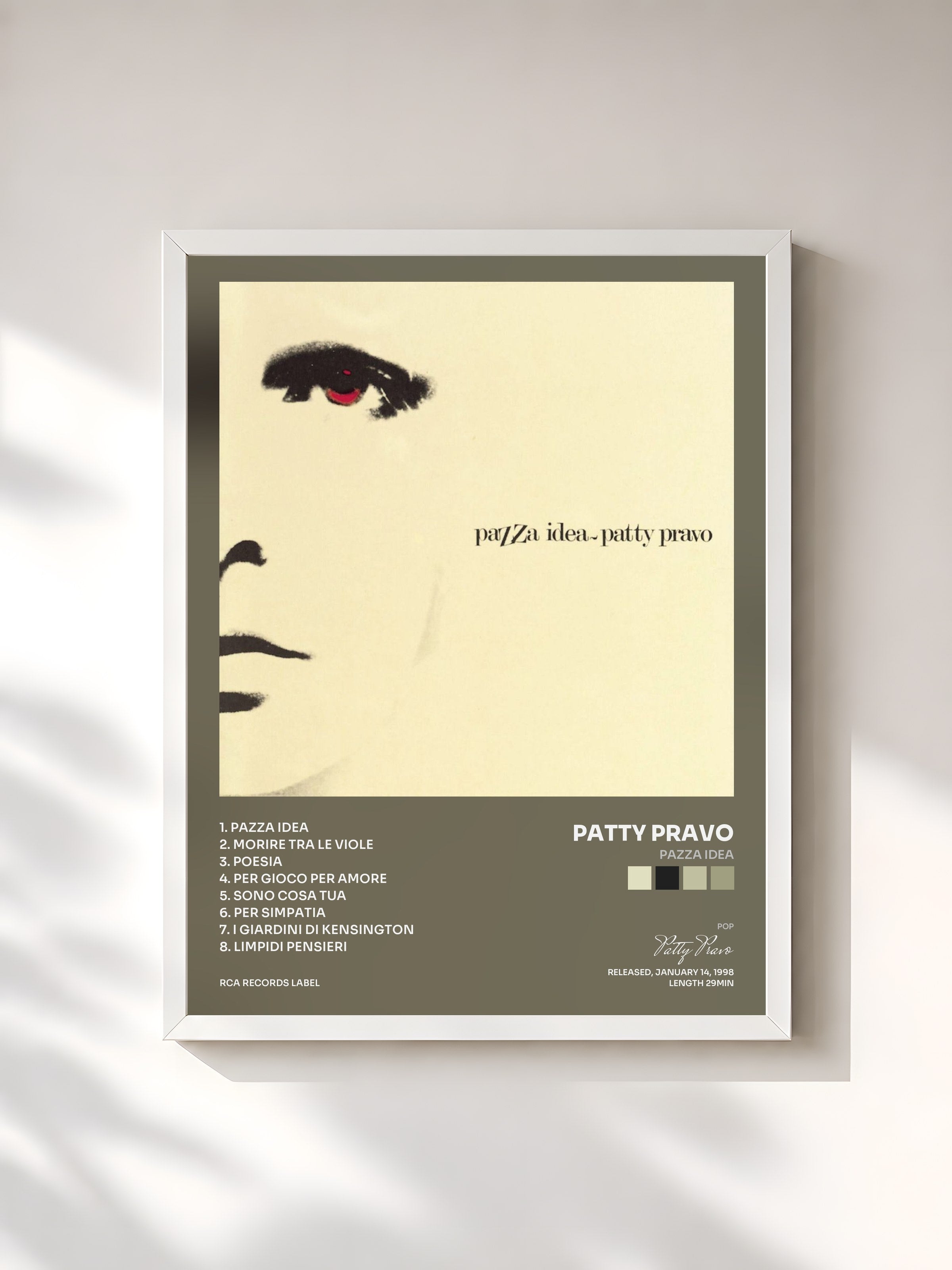 #blanc Tableau de l'album Pazza Idea de Patty Pravo, cadre blanc, imprimé et encadré en France