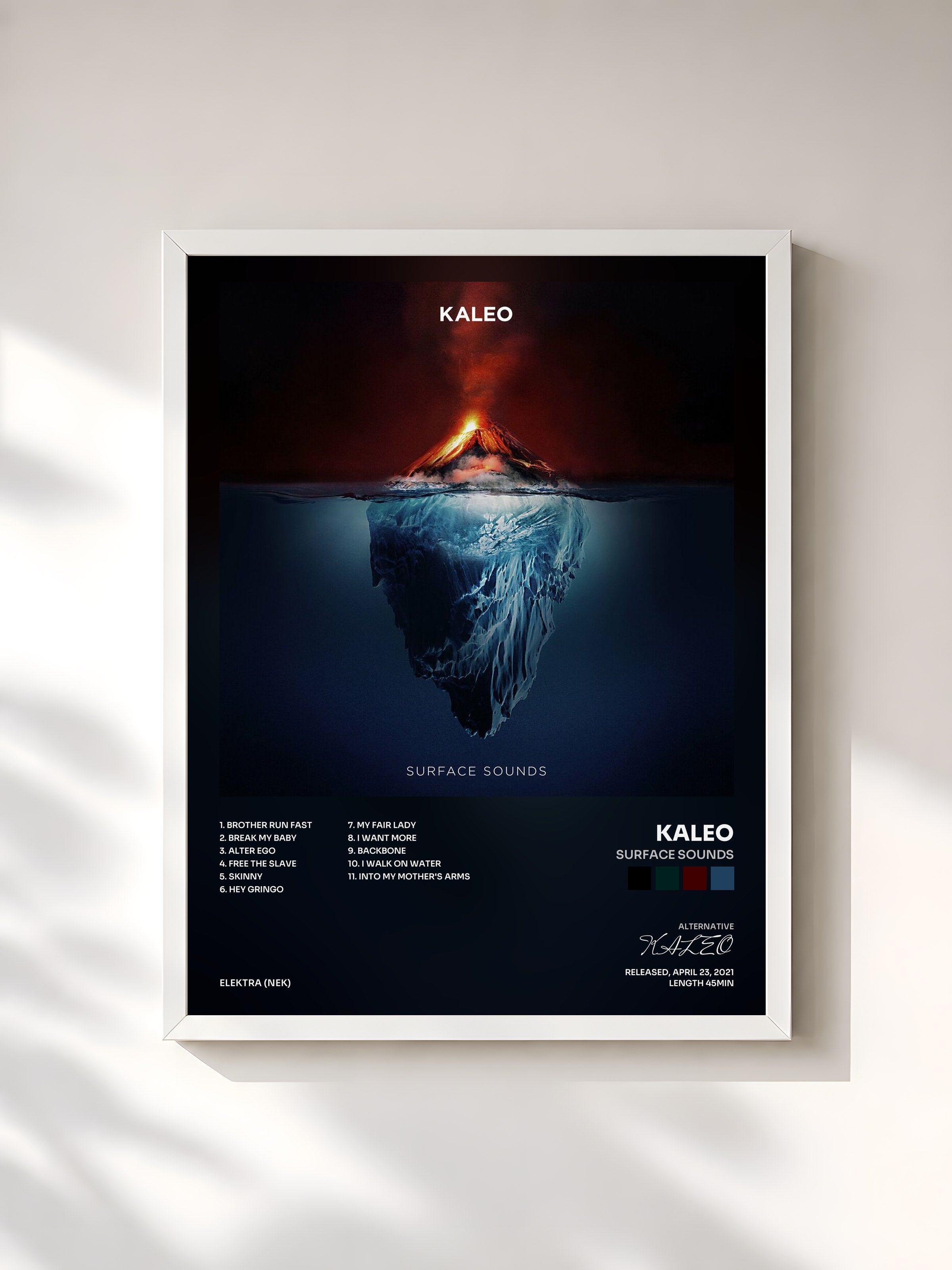 #blanc Tableau de l'album Surface Sounds de KALEO, cadre blanc, imprimé et encadré en France