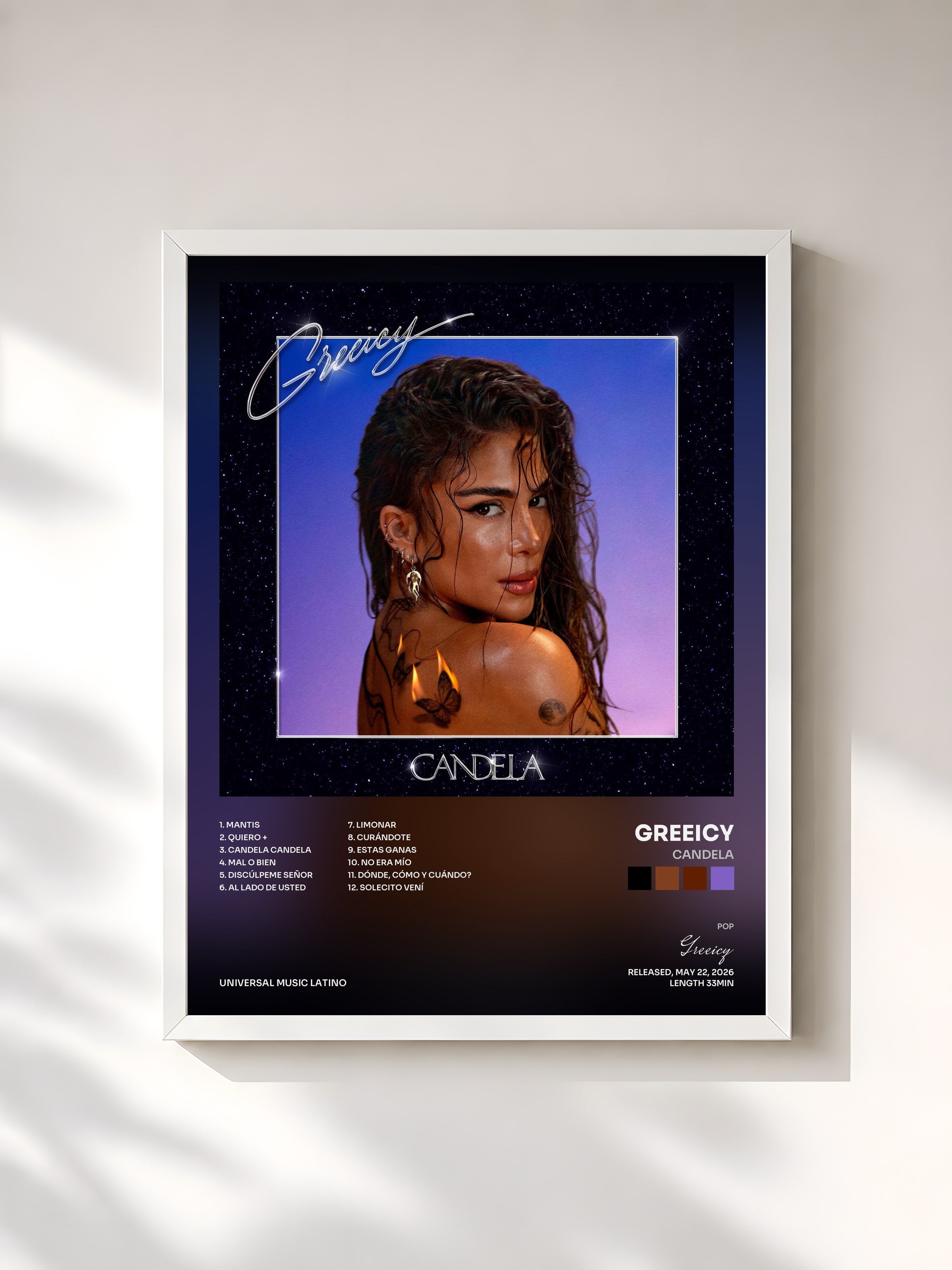 #blanc Tableau de l'album CANDELA de Greeicy, cadre blanc, imprimé et encadré en France