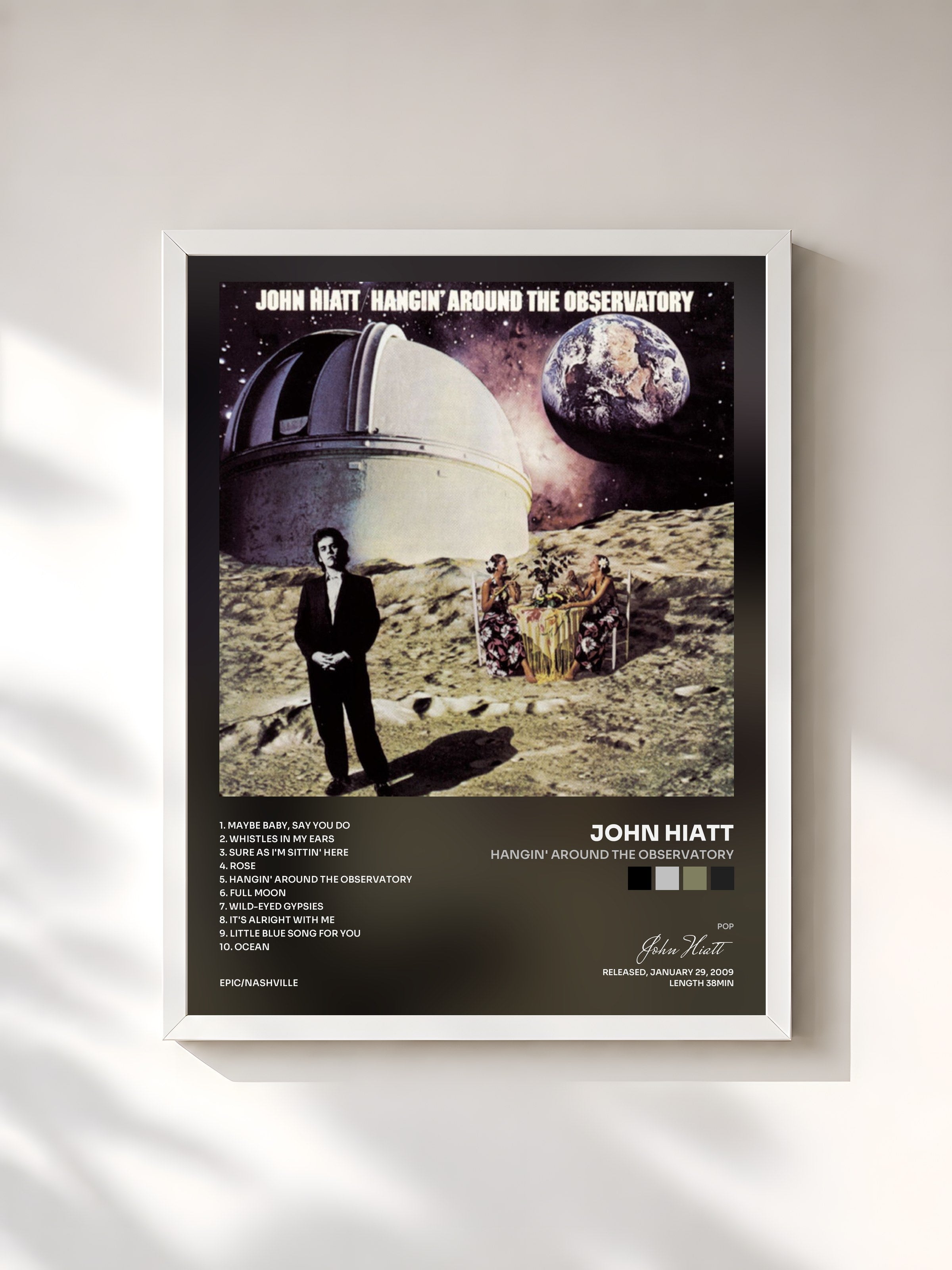 #blanc Tableau de l'album Hangin' Around The Observatory de John Hiatt, cadre blanc, imprimé et encadré en France