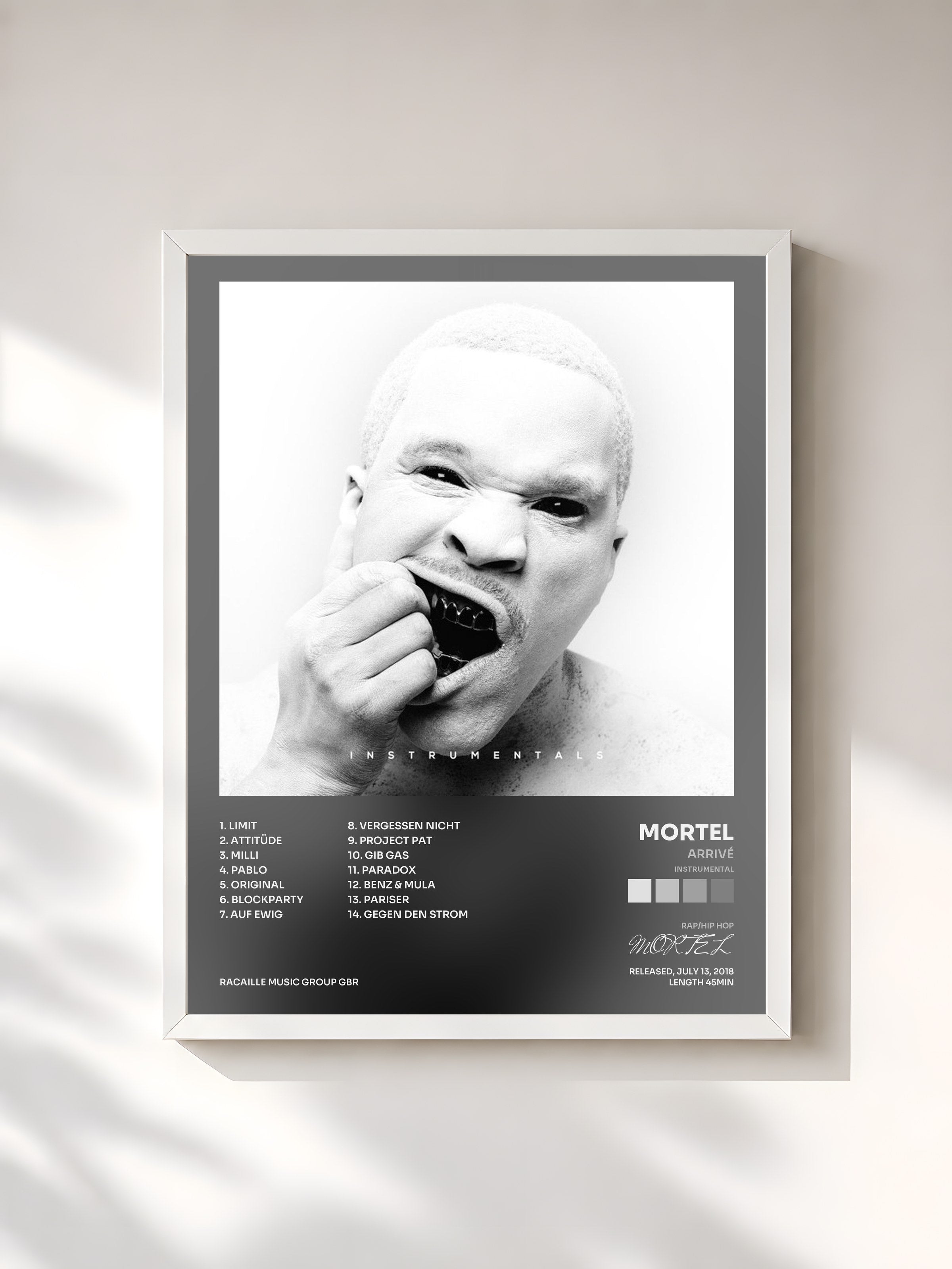 #blanc Tableau de l'album Arrivé (Instrumental) de MORTEL, cadre blanc, imprimé et encadré en France