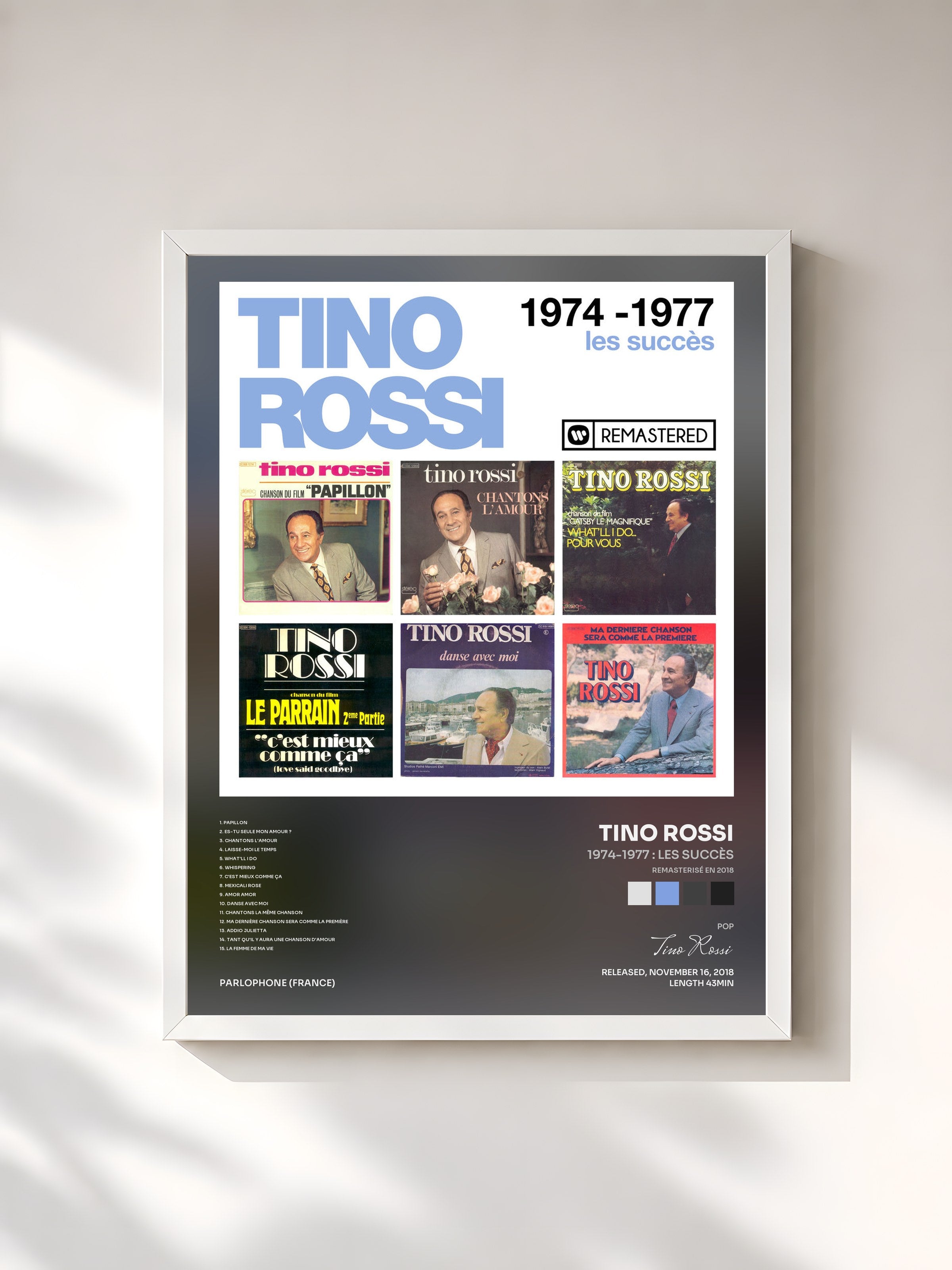 #blanc Tableau de l'album 1974-1977 : Les succès (Remasterisé en 2018) de Tino Rossi, cadre blanc, imprimé et encadré en France