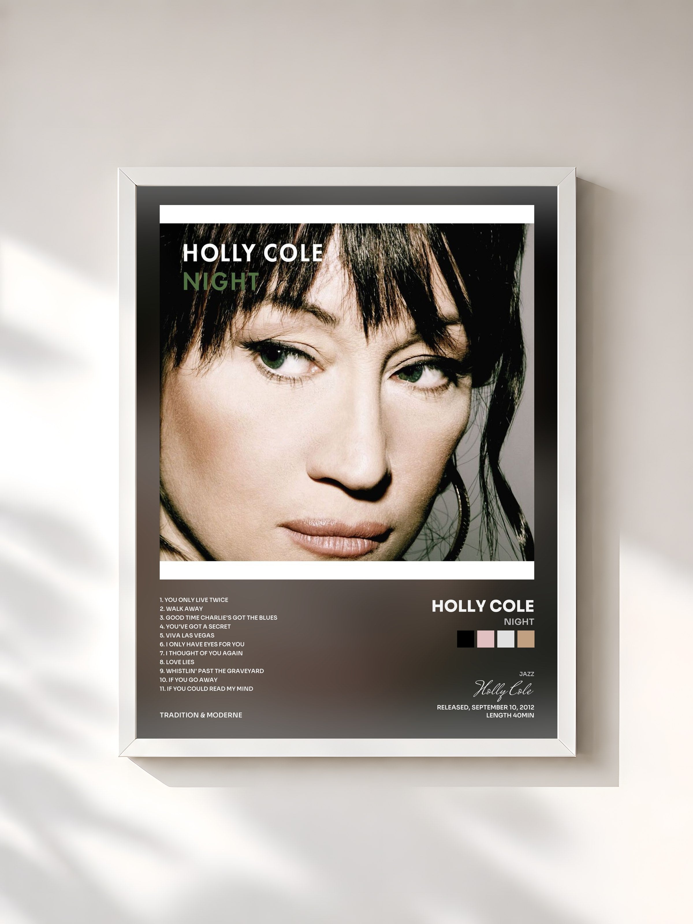 #blanc Tableau de l'album Night de Holly Cole, cadre blanc, imprimé et encadré en France