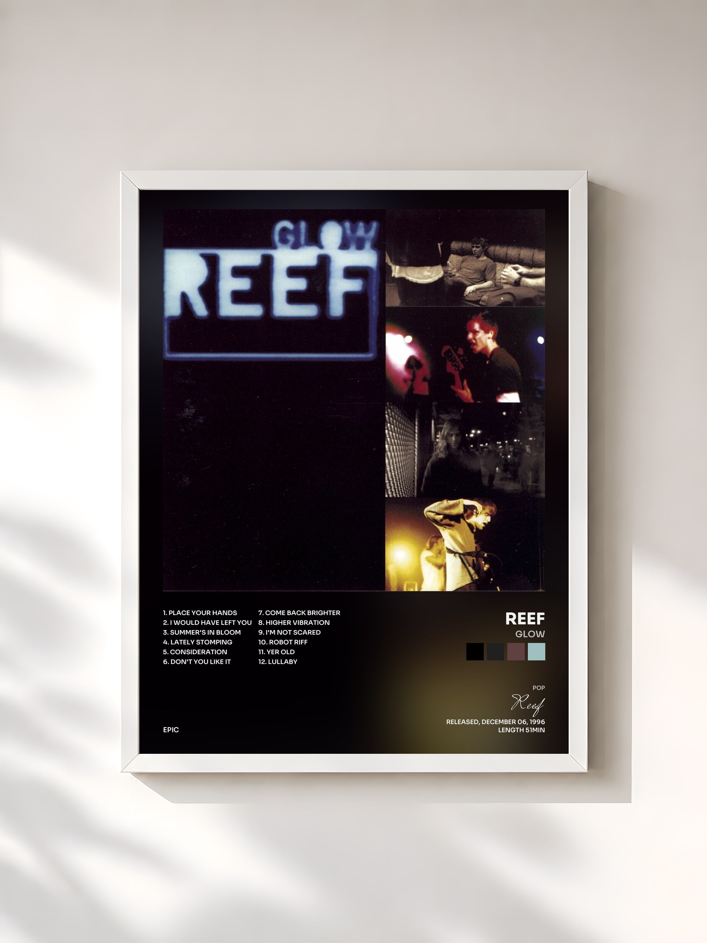 #blanc Tableau de l'album Glow de Reef, cadre blanc, imprimé et encadré en France