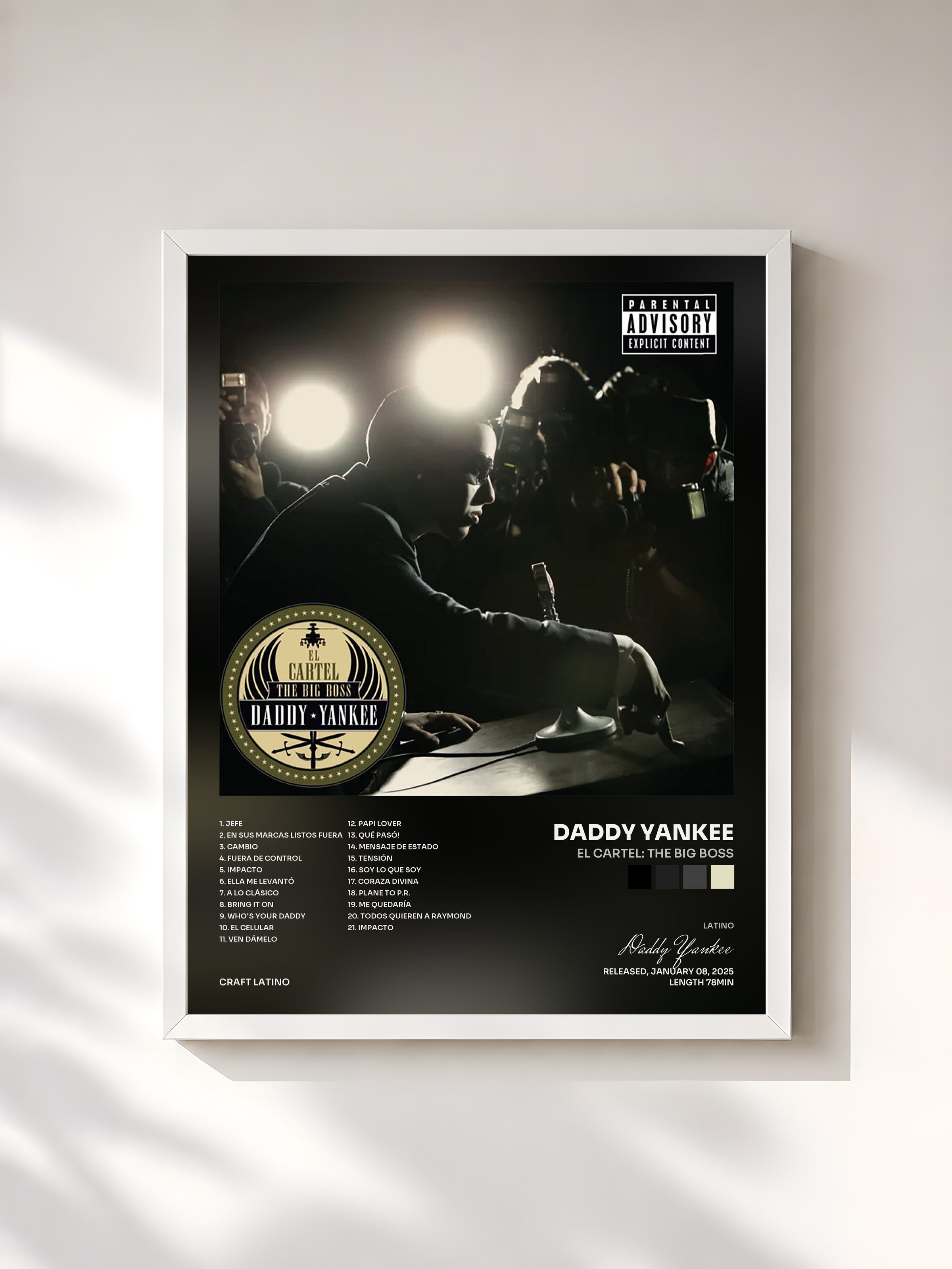 #blanc Tableau de l'album El Cartel: The Big Boss de Daddy Yankee, cadre blanc, imprimé et encadré en France
