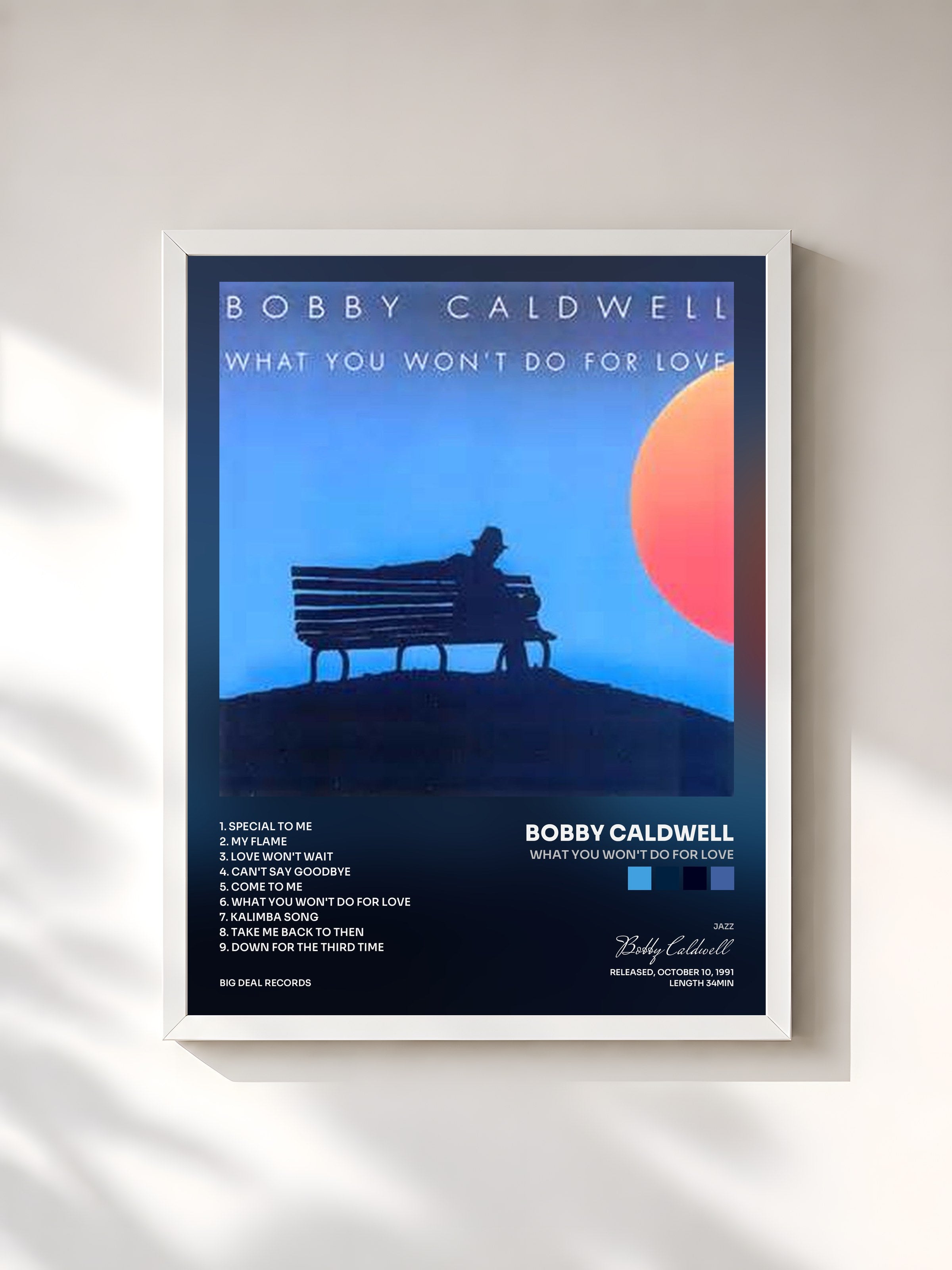#blanc Tableau de l'album What You Won't Do for Love de Bobby Caldwell, cadre blanc, imprimé et encadré en France