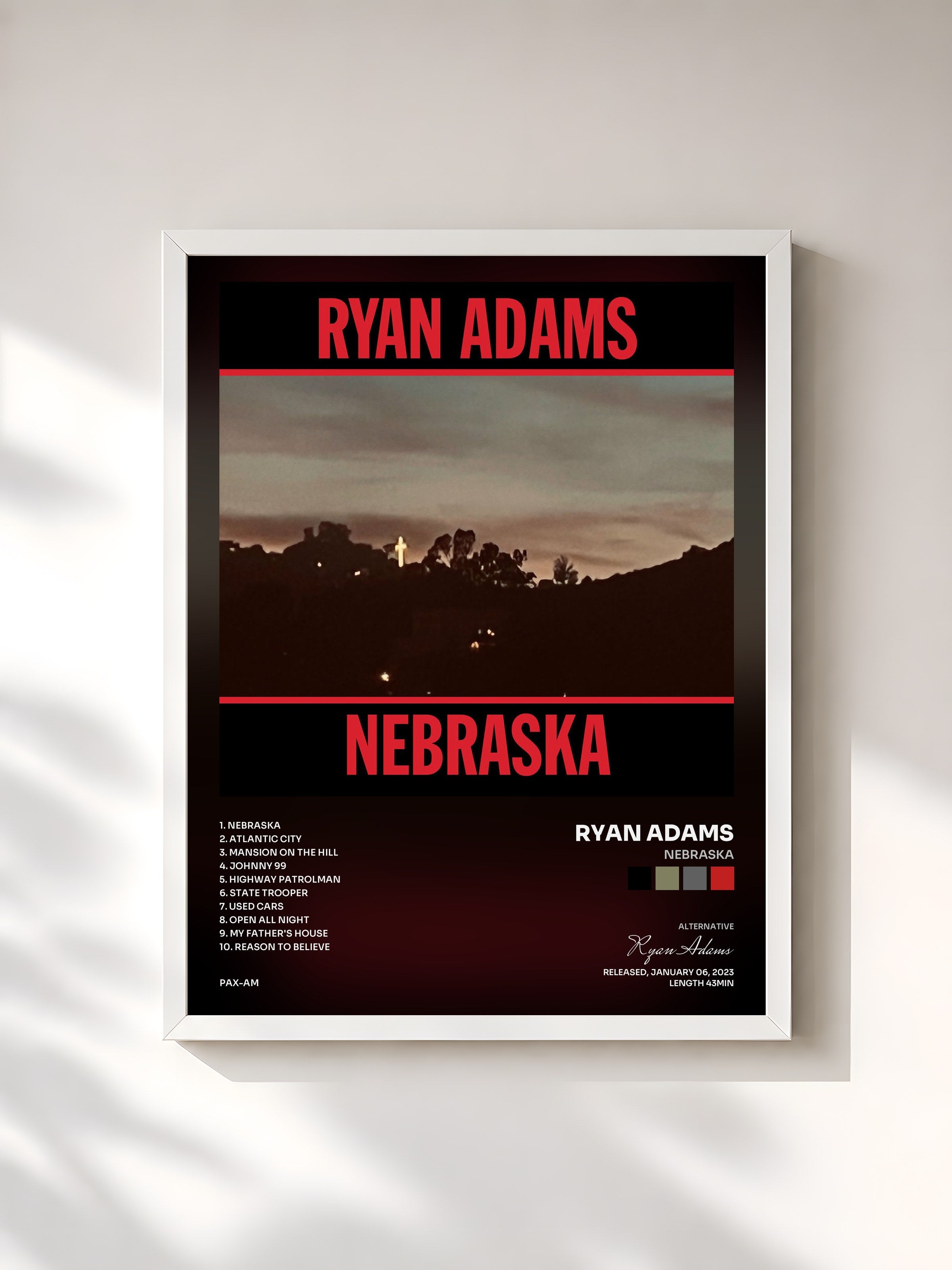 #blanc Tableau de l'album Nebraska de Ryan Adams, cadre blanc, imprimé et encadré en France