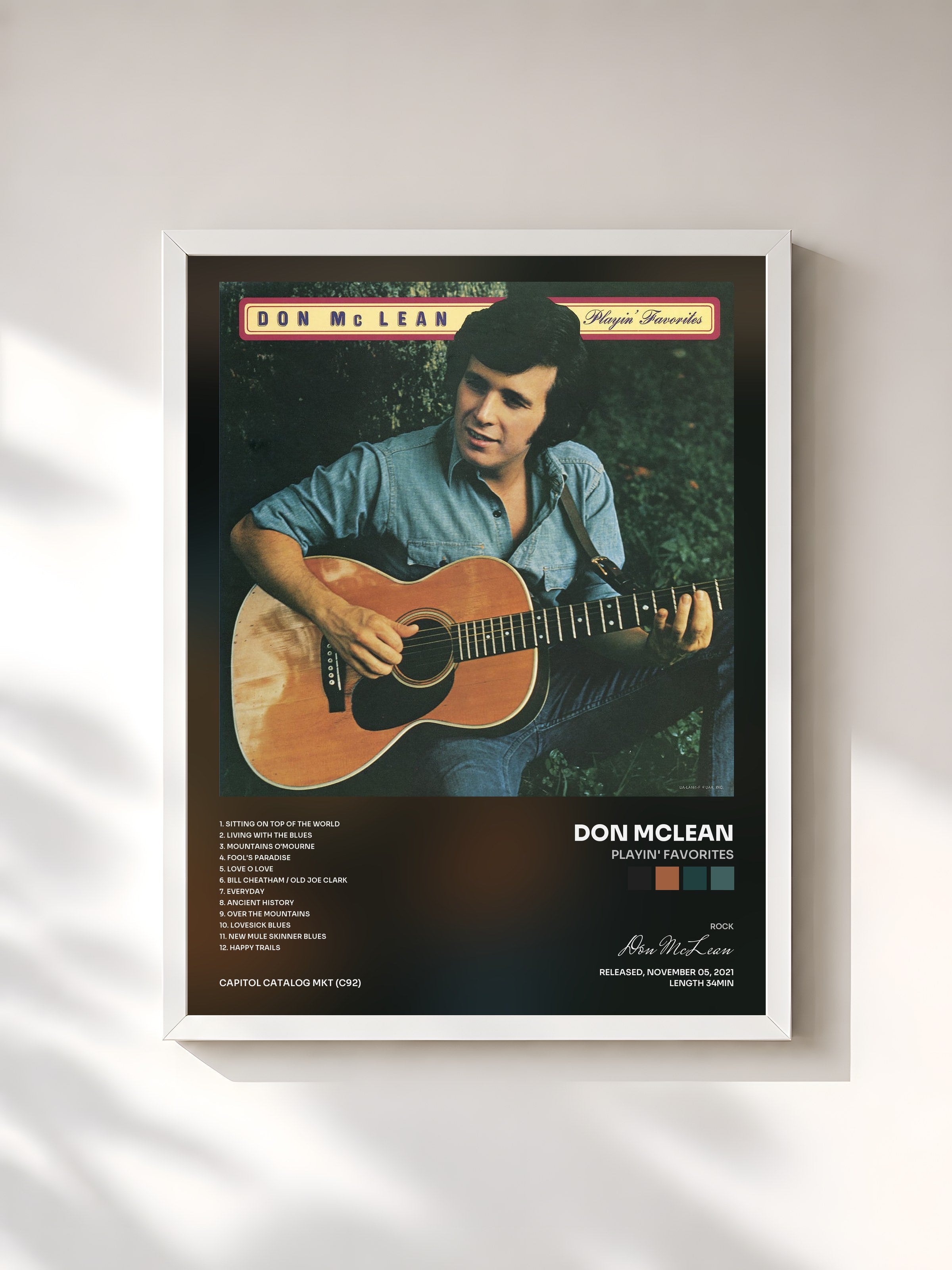 #blanc Tableau de l'album Playin' Favorites de Don McLean, cadre blanc, imprimé et encadré en France