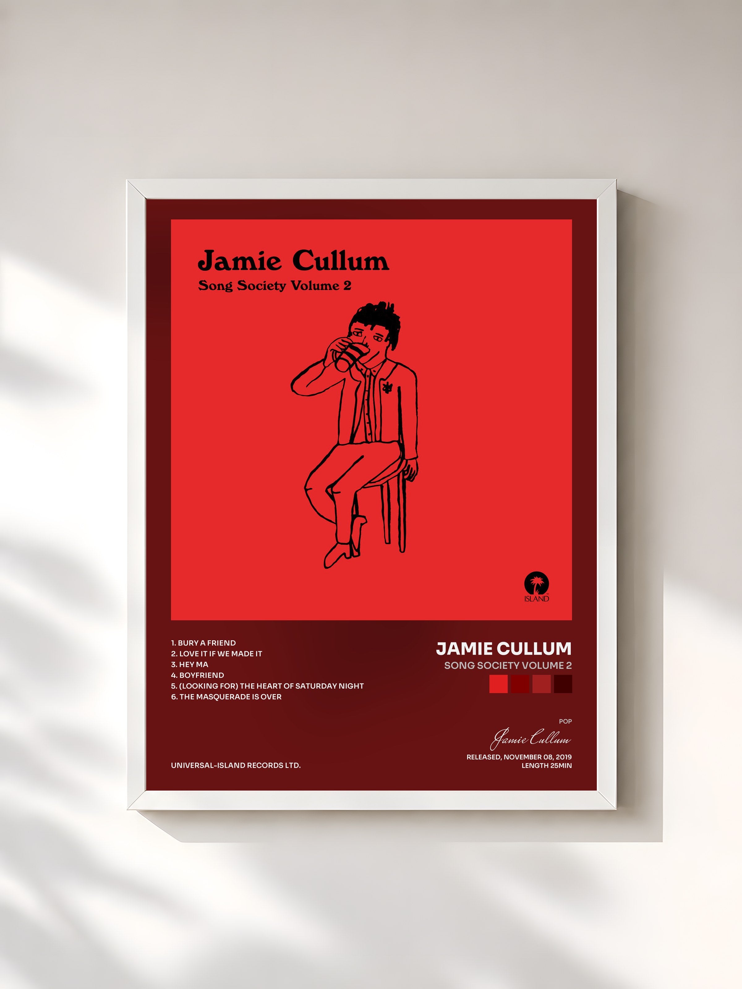 #blanc Tableau de l'album Song Society Volume 2 de Jamie Cullum, cadre blanc, imprimé et encadré en France