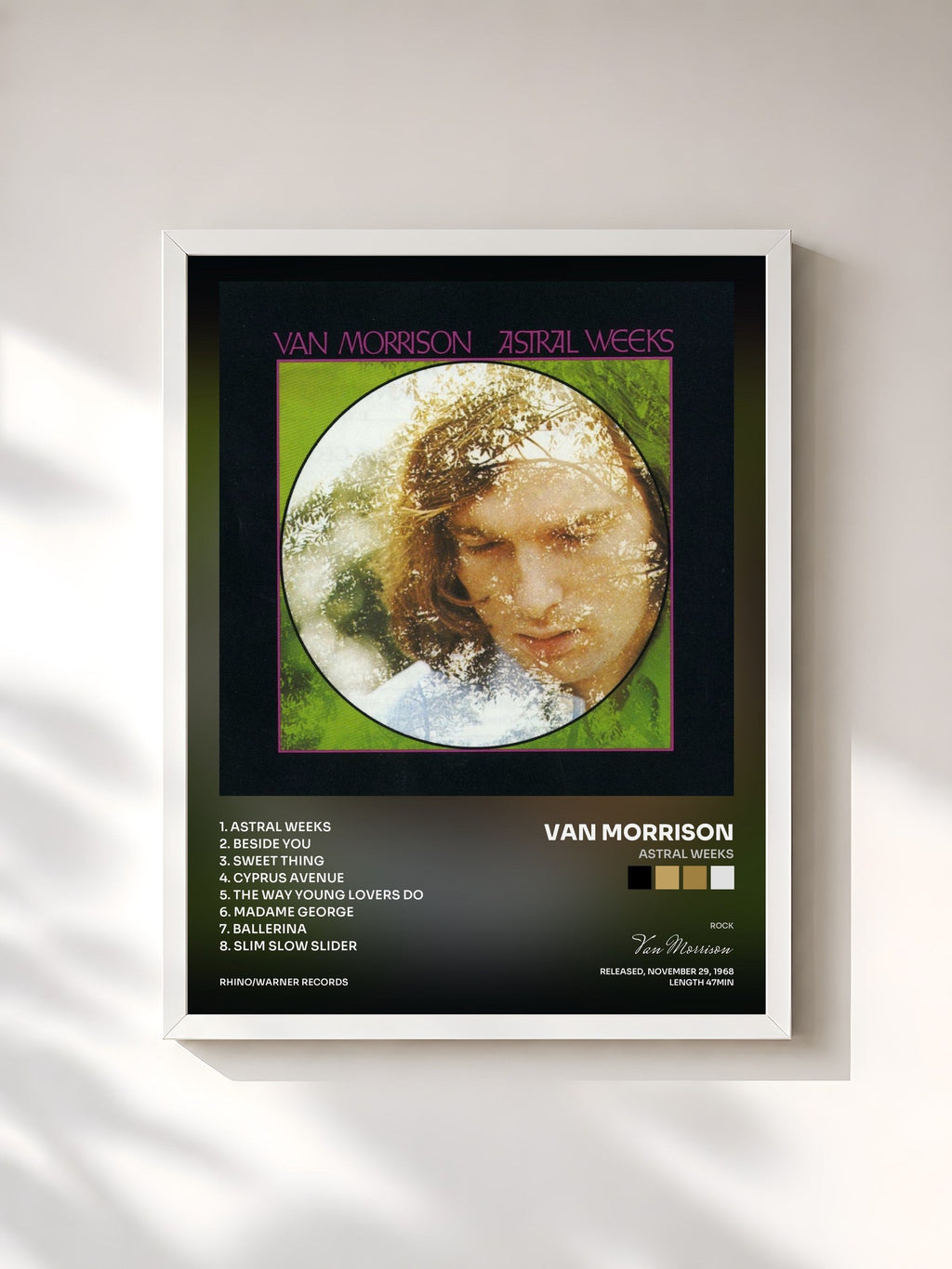 #blanc Astral Weeks de Van Morrison en lámina enmarcada, marco blanco, impresa y enmarcada en Francia