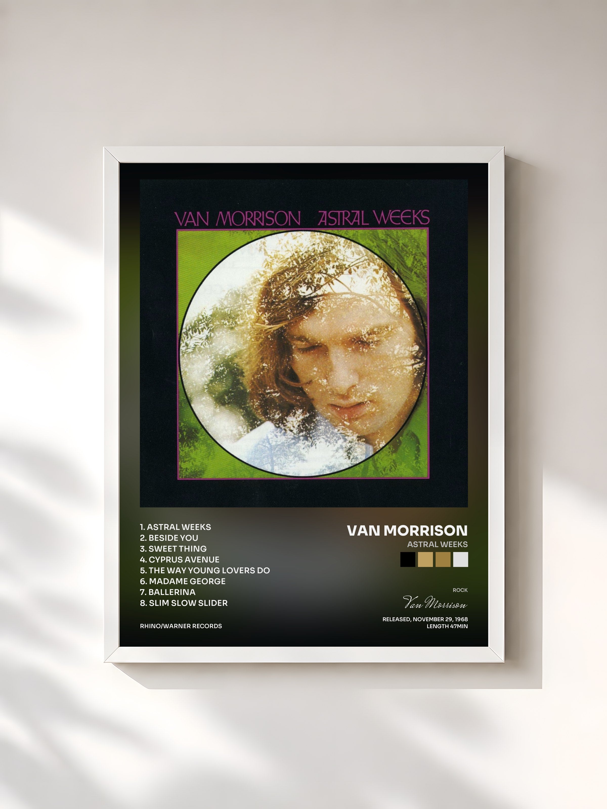 #blanc Tableau de l'album Astral Weeks de Van Morrison, cadre blanc, imprimé et encadré en France