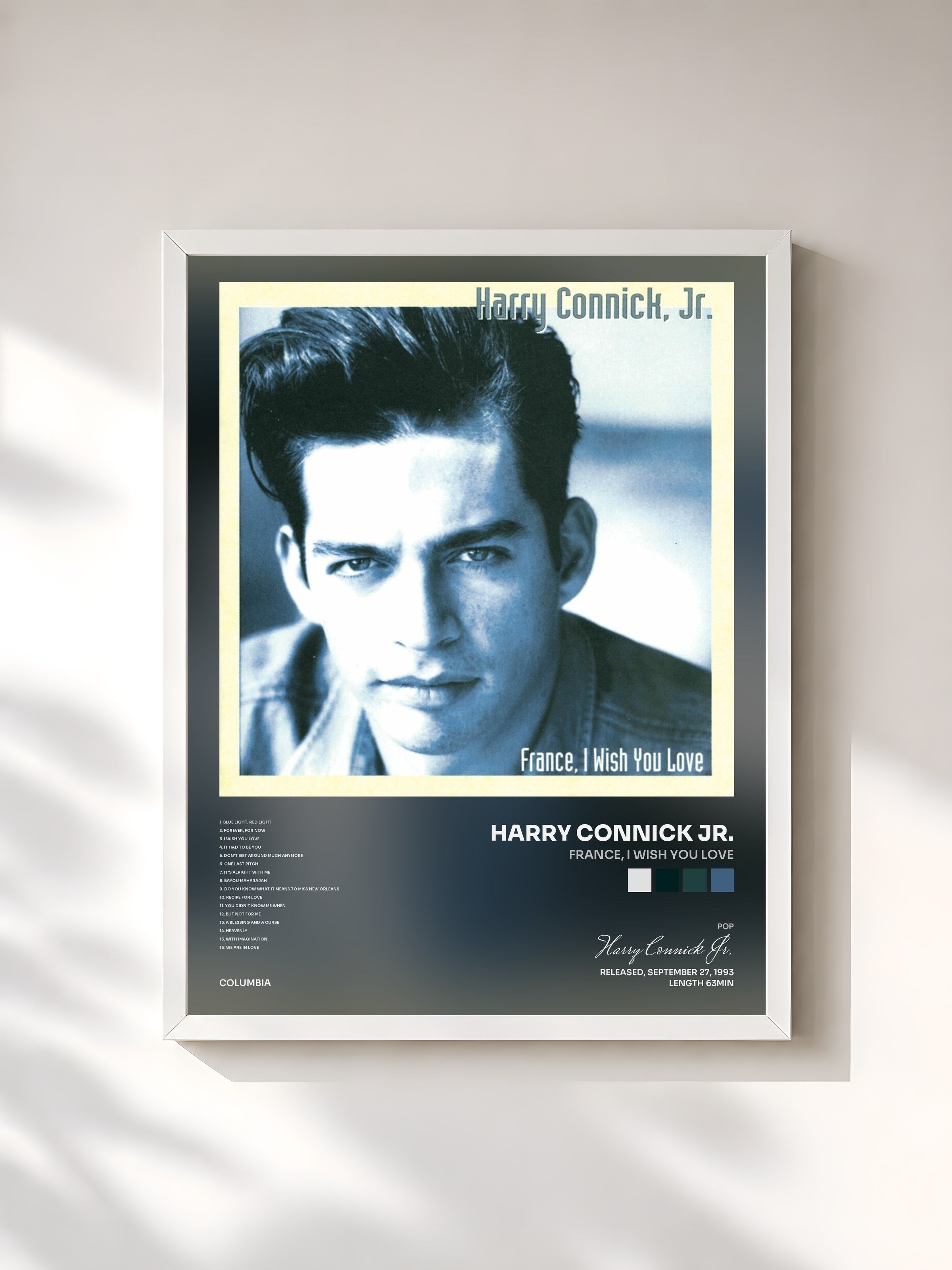 #blanc Tableau de l'album France, I Wish You Love de Harry Connick Jr., cadre blanc, imprimé et encadré en France