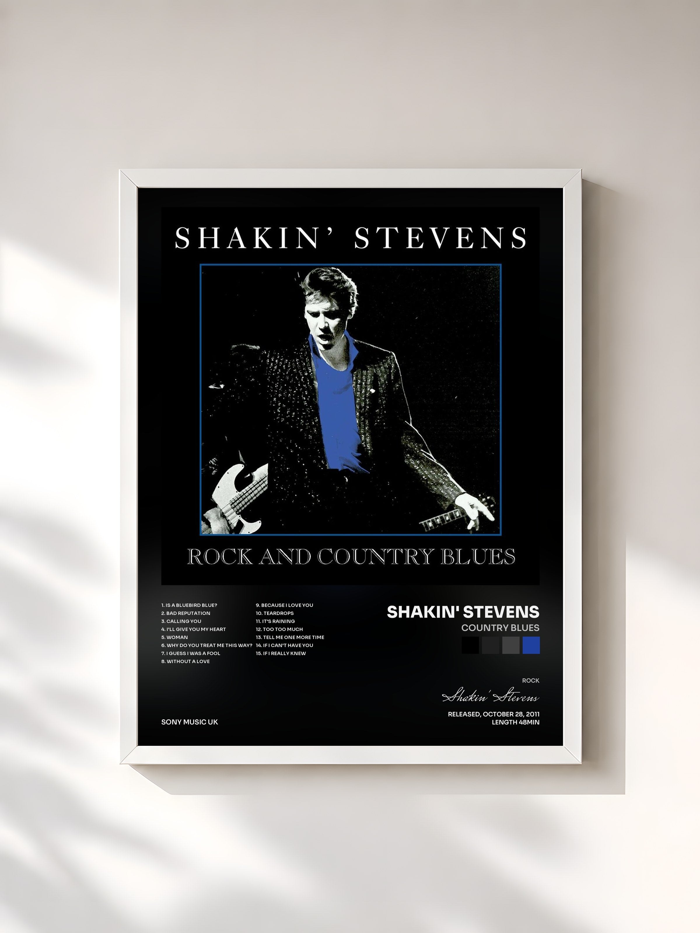 #blanc Tableau de l'album Country Blues de Shakin' Stevens, cadre blanc, imprimé et encadré en France