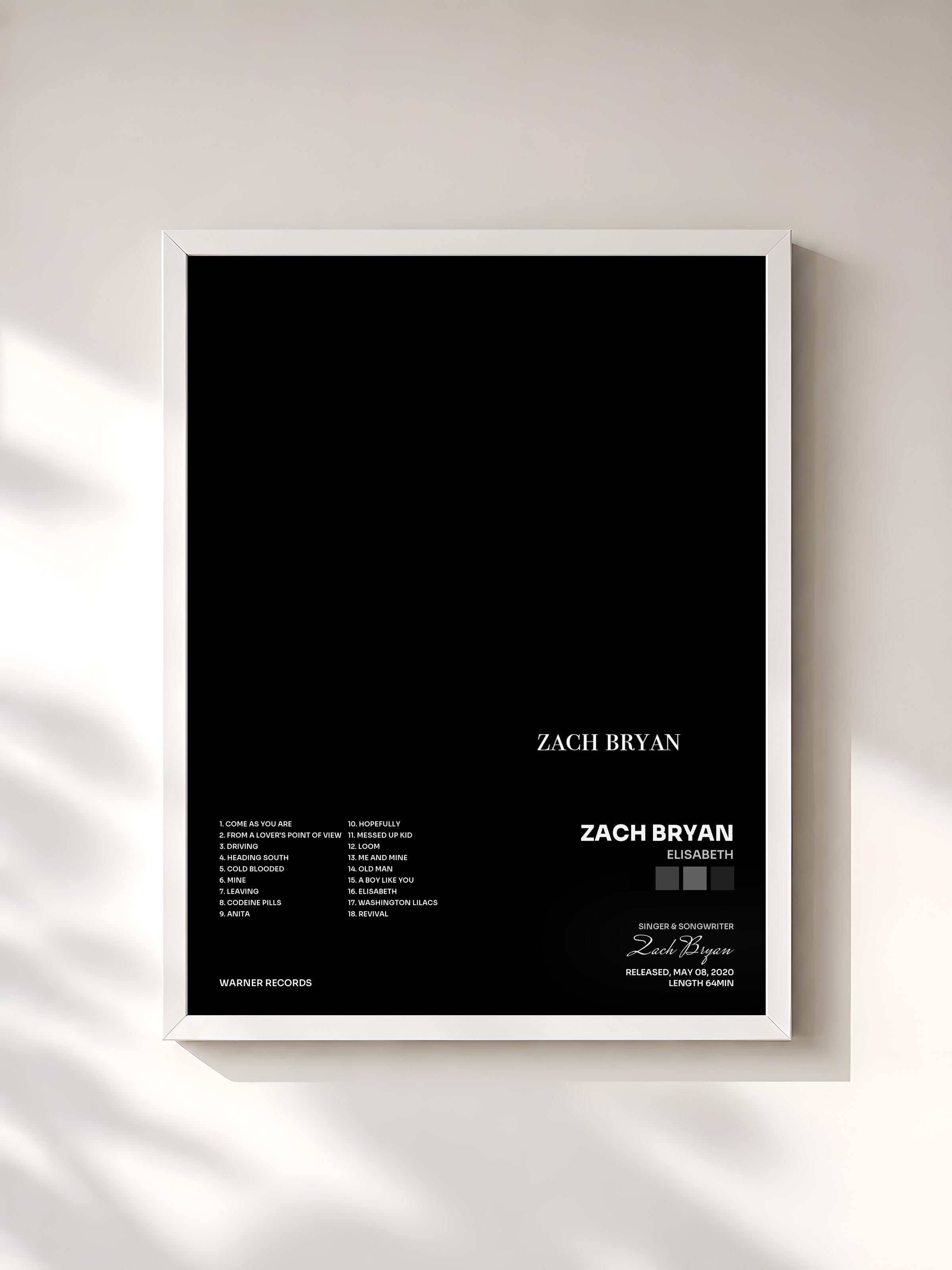 #blanc Tableau de l'album Elisabeth de Zach Bryan, cadre blanc, imprimé et encadré en France