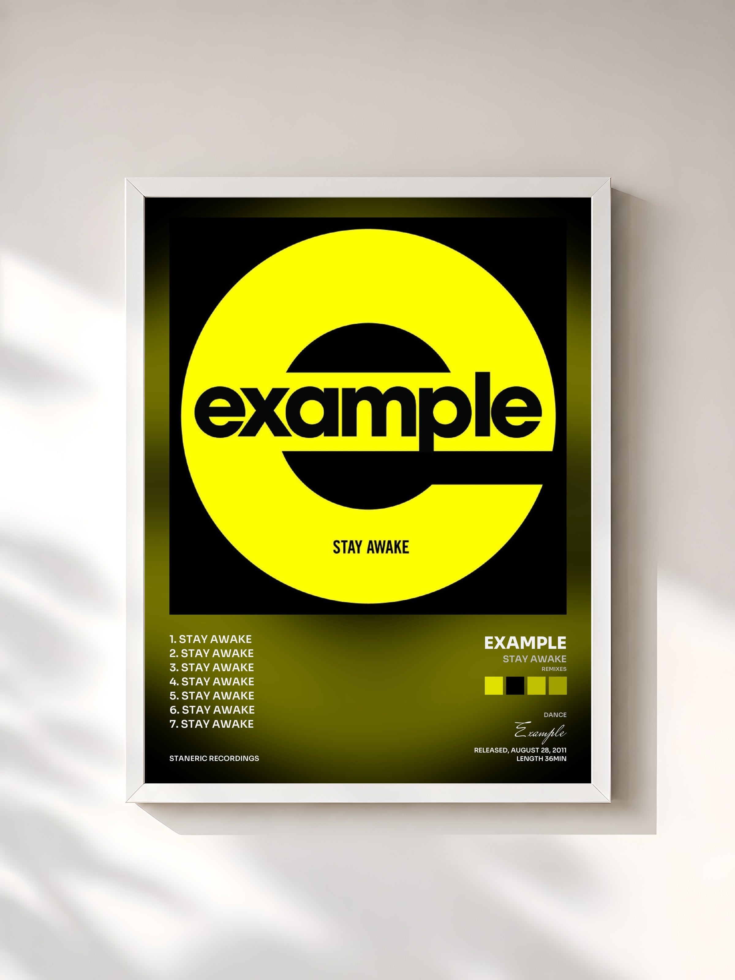 #blanc Tableau de l'album Stay Awake (Remixes) de Example, cadre blanc, imprimé et encadré en France