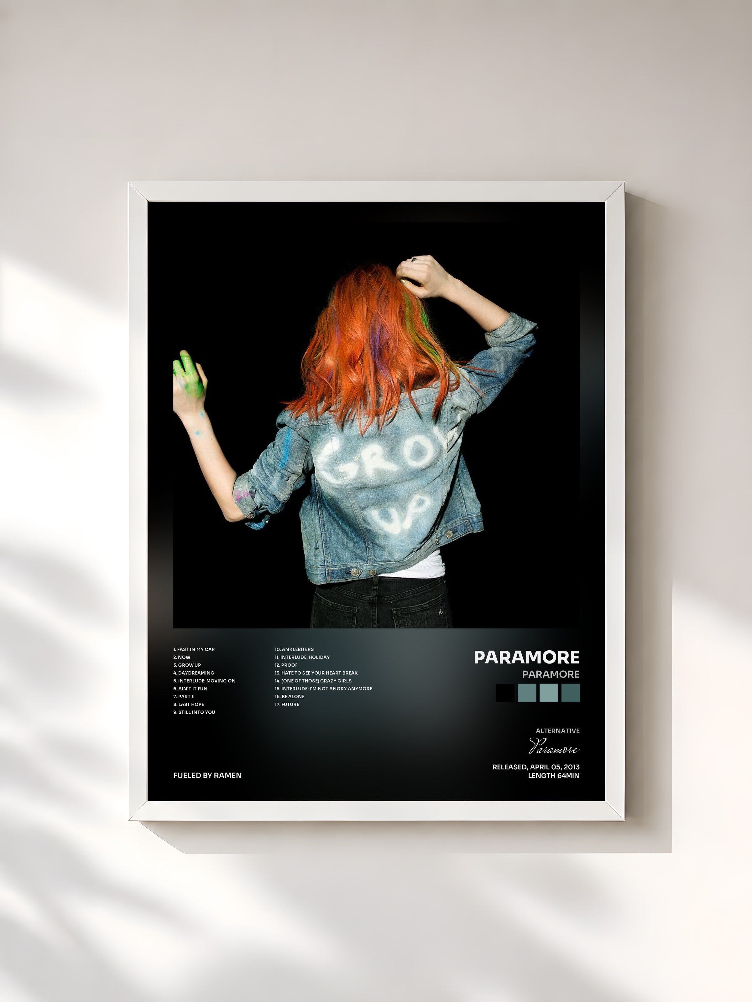 #blanc Tableau de l'album Paramore de Paramore, cadre blanc, imprimé et encadré en France