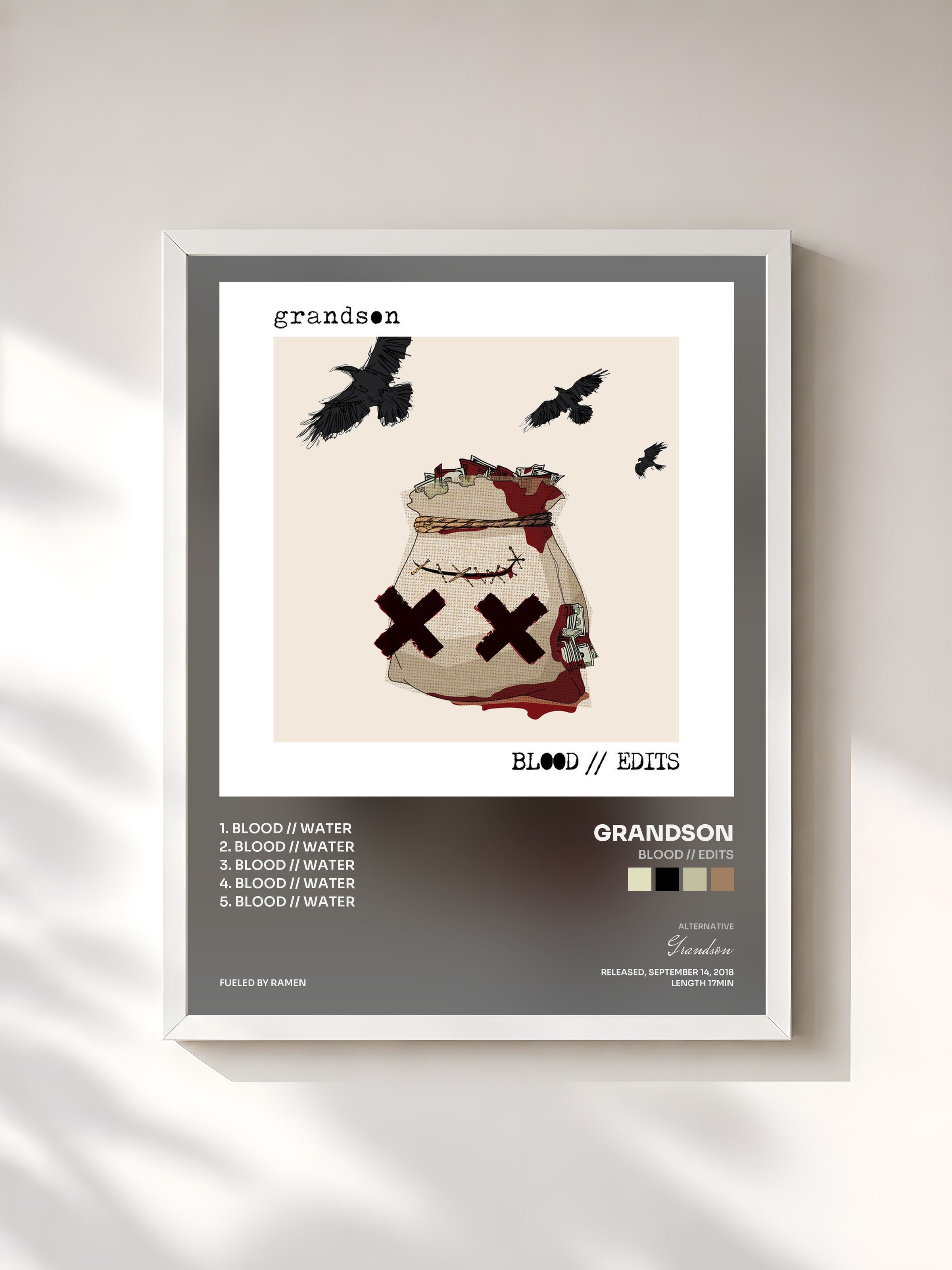 #blanc Tableau de l'album BLOOD // EDITS de Grandson, cadre blanc, imprimé et encadré en France