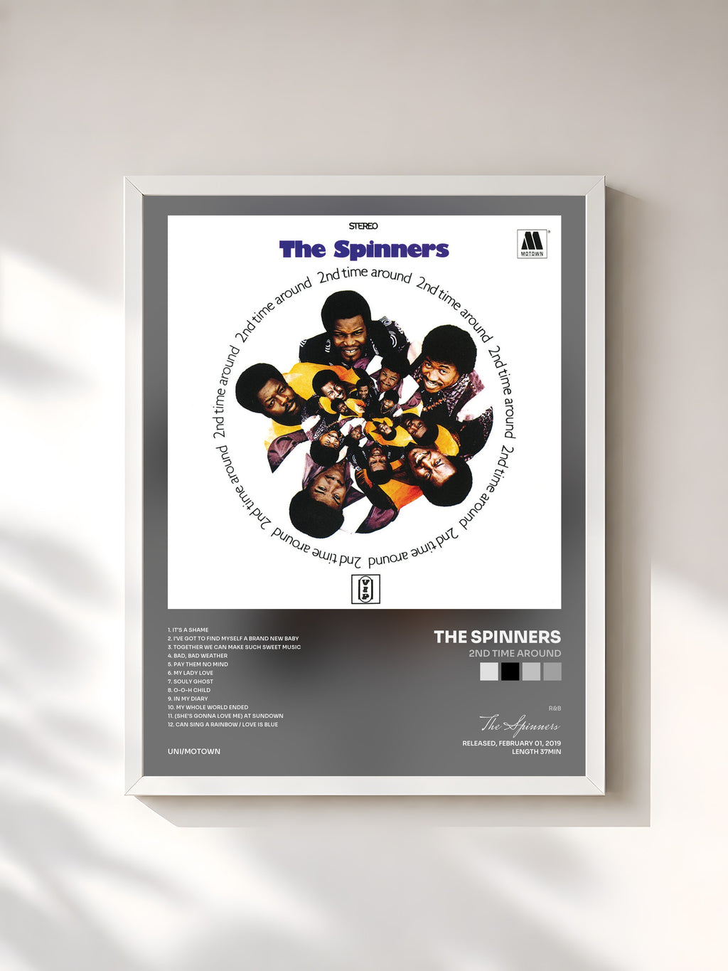 #blanc Tableau de l'album 2nd Time Around de The Spinners, cadre blanc, imprimé et encadré en France