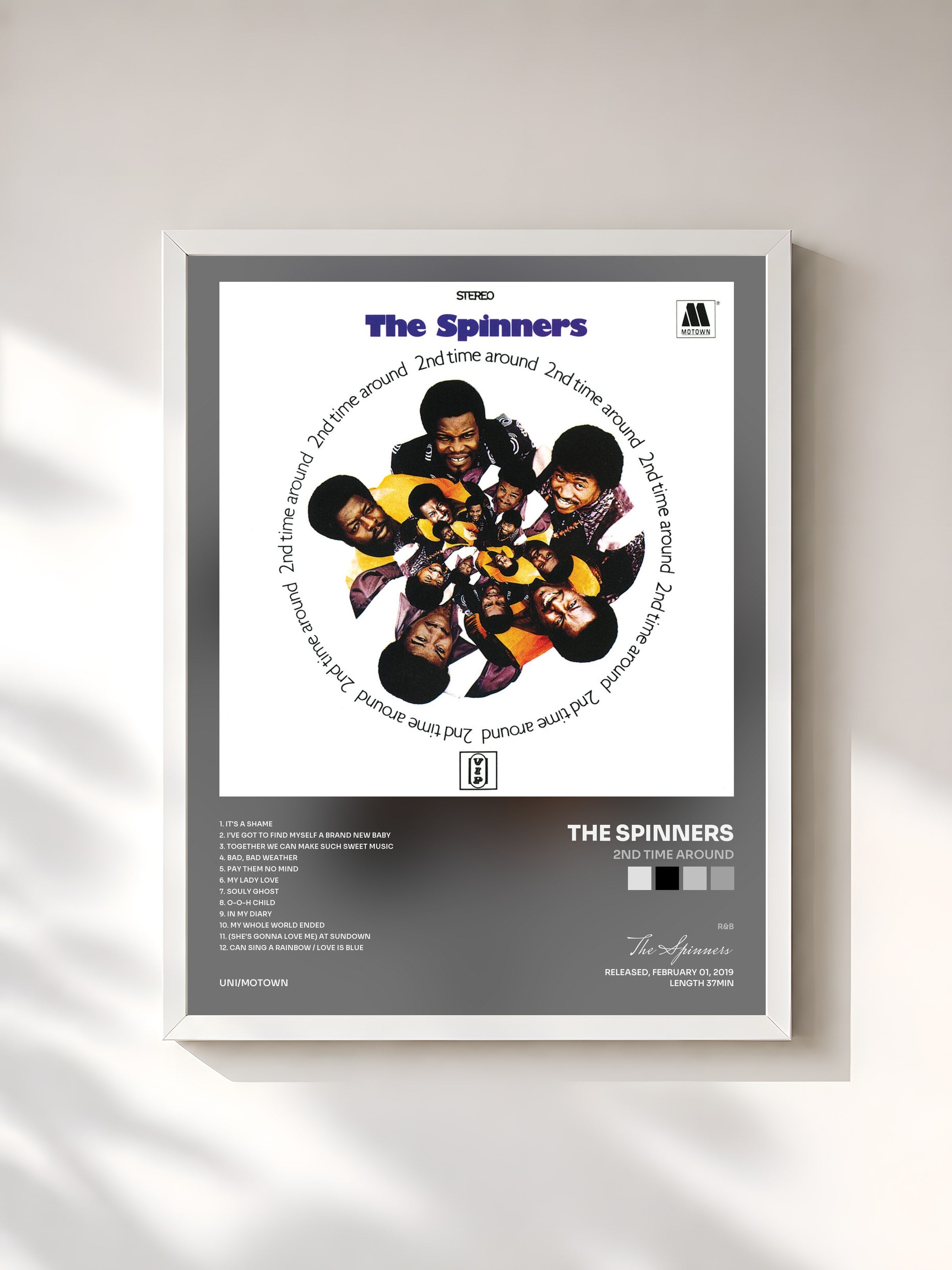 #blanc Tableau de l'album 2nd Time Around de The Spinners, cadre blanc, imprimé et encadré en France