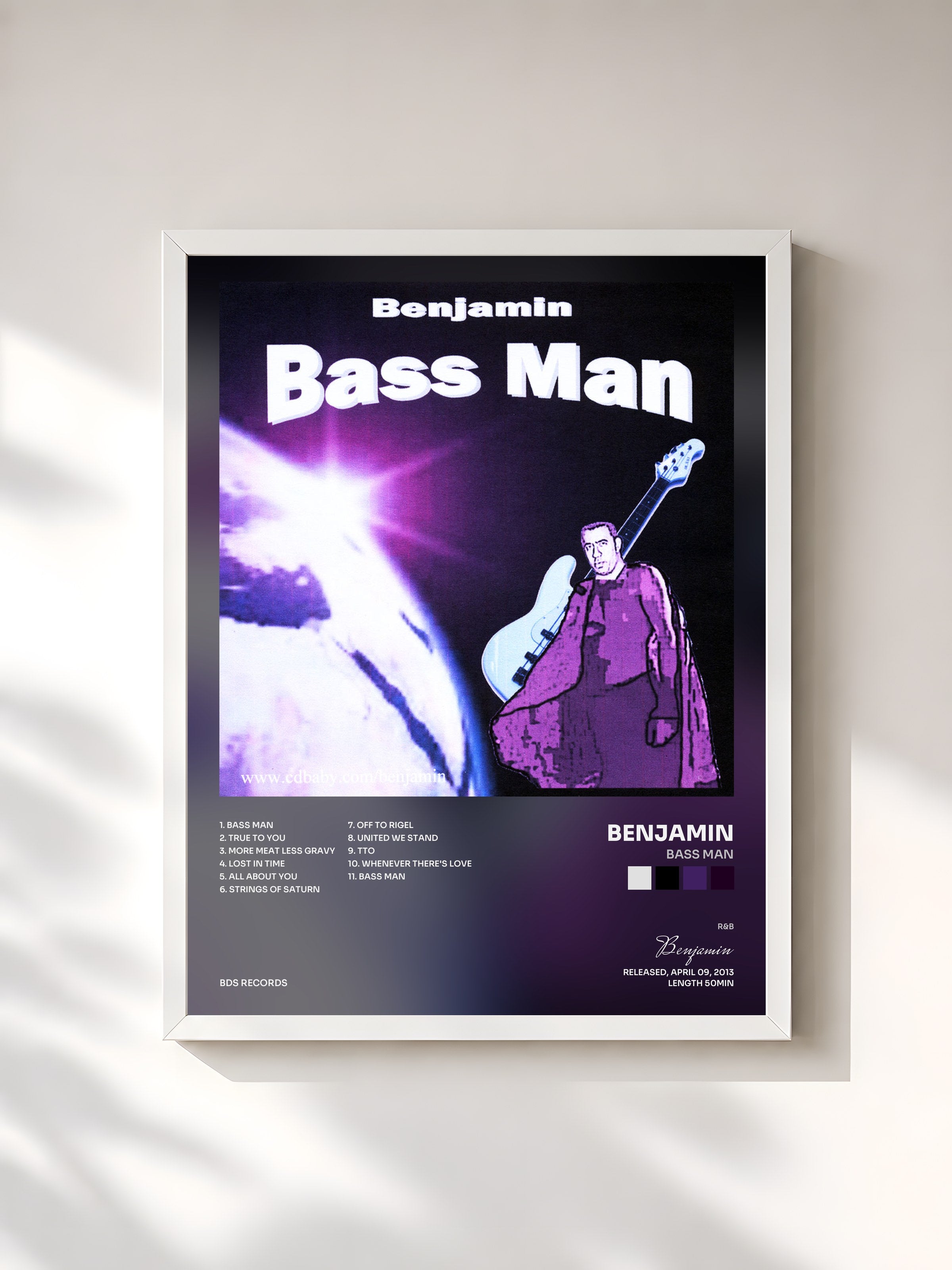 #blanc Tableau de l'album Bass Man de Benjamin, cadre blanc, imprimé et encadré en France