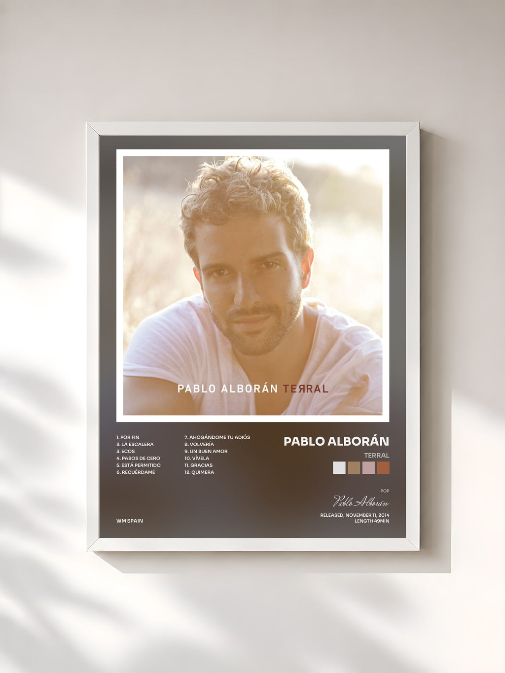 #blanc Tableau de l'album Terral de Pablo Alborán, cadre blanc, imprimé et encadré en France