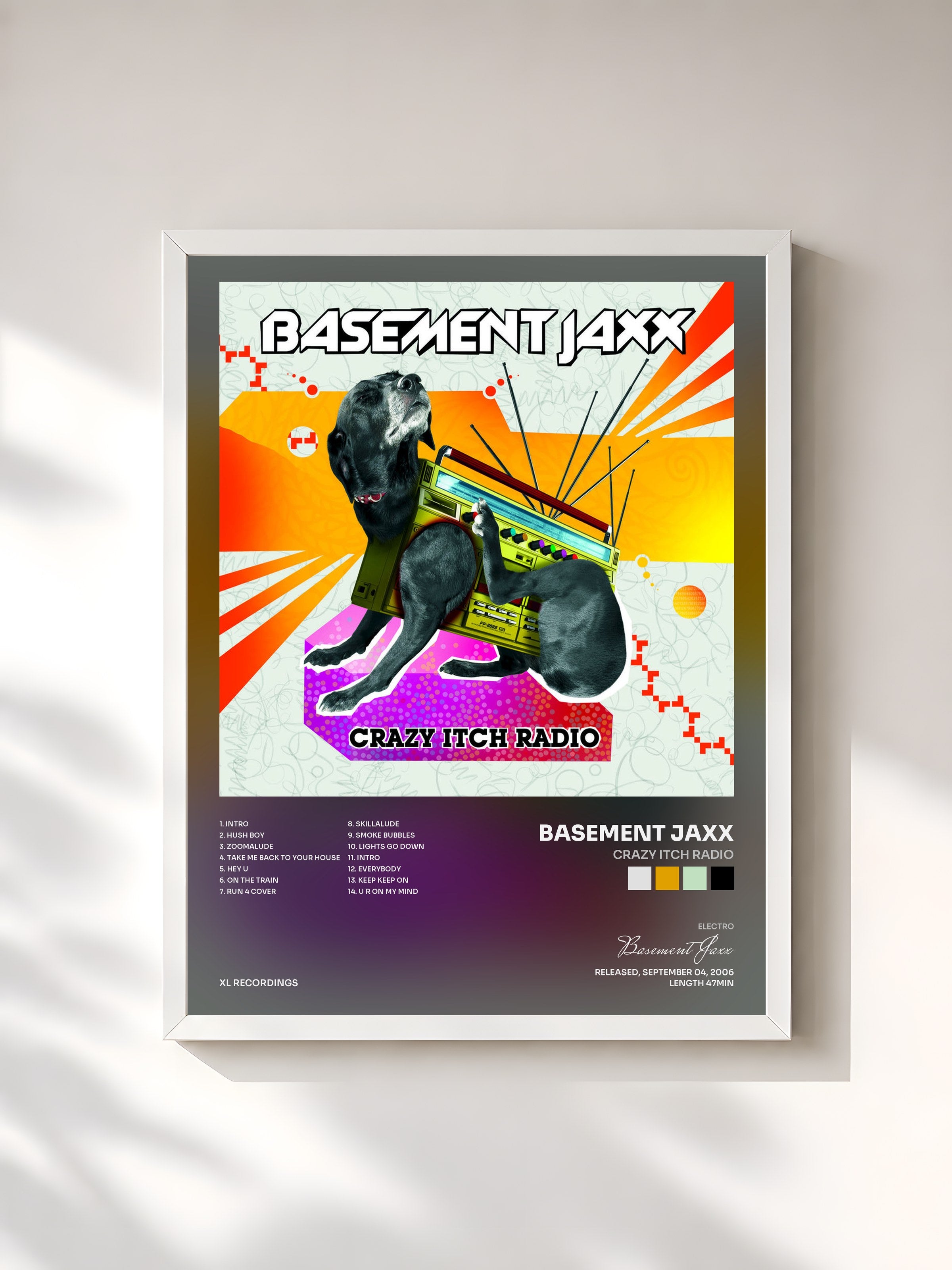 #blanc Tableau de l'album Crazy Itch Radio de Basement Jaxx, cadre blanc, imprimé et encadré en France