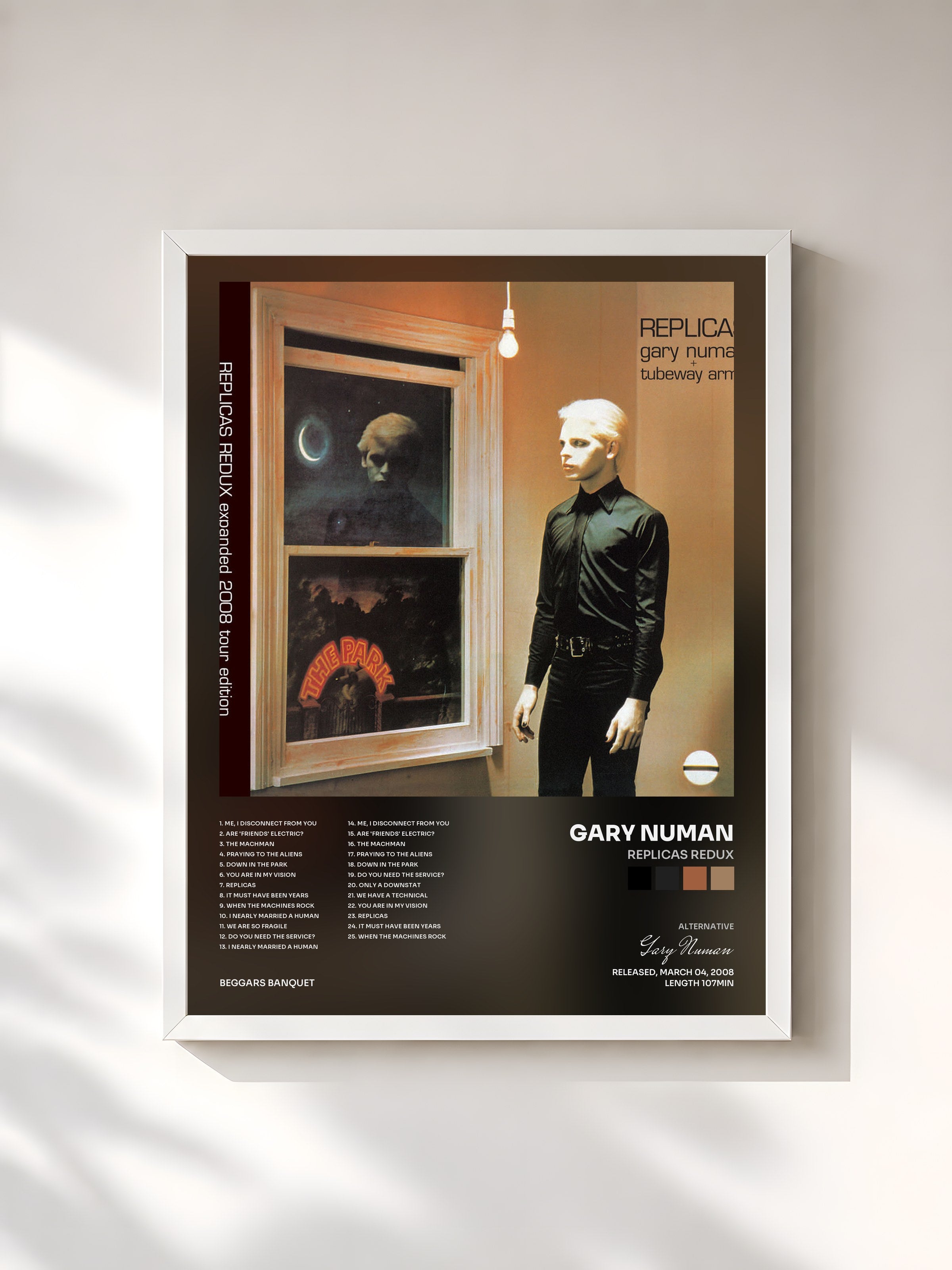 #blanc Tableau de l'album Replicas Redux de Gary Numan, cadre blanc, imprimé et encadré en France