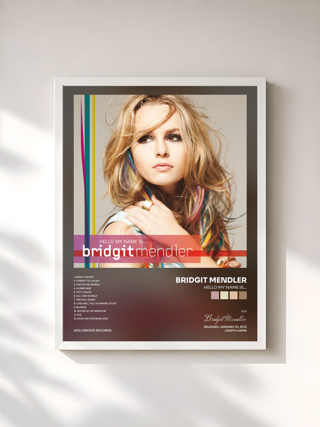 #blanc Tableau de l'album Hello My Name Is... de Bridgit Mendler, cadre blanc, imprimé et encadré en France