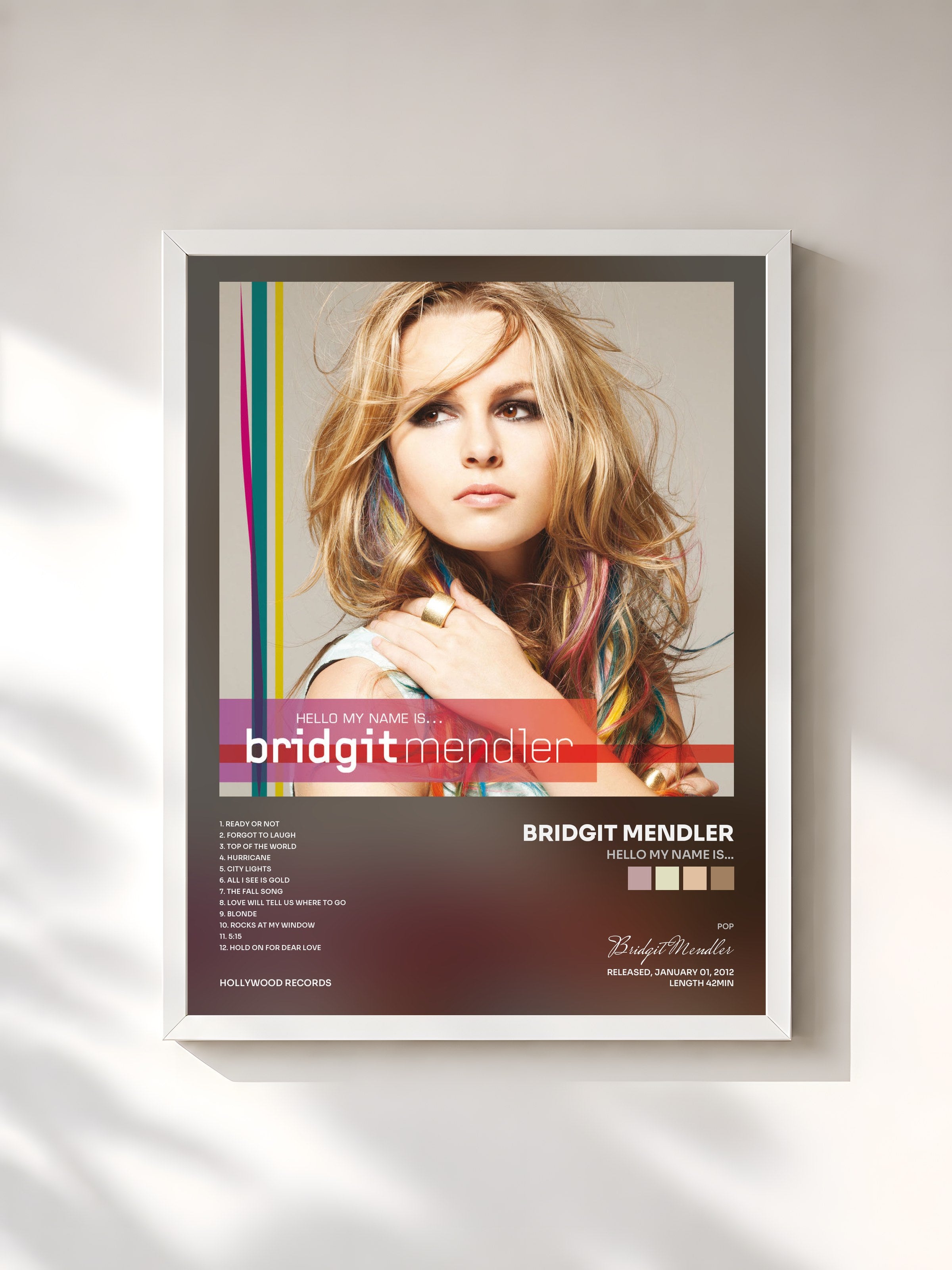 #blanc Tableau de l'album Hello My Name Is... de Bridgit Mendler, cadre blanc, imprimé et encadré en France