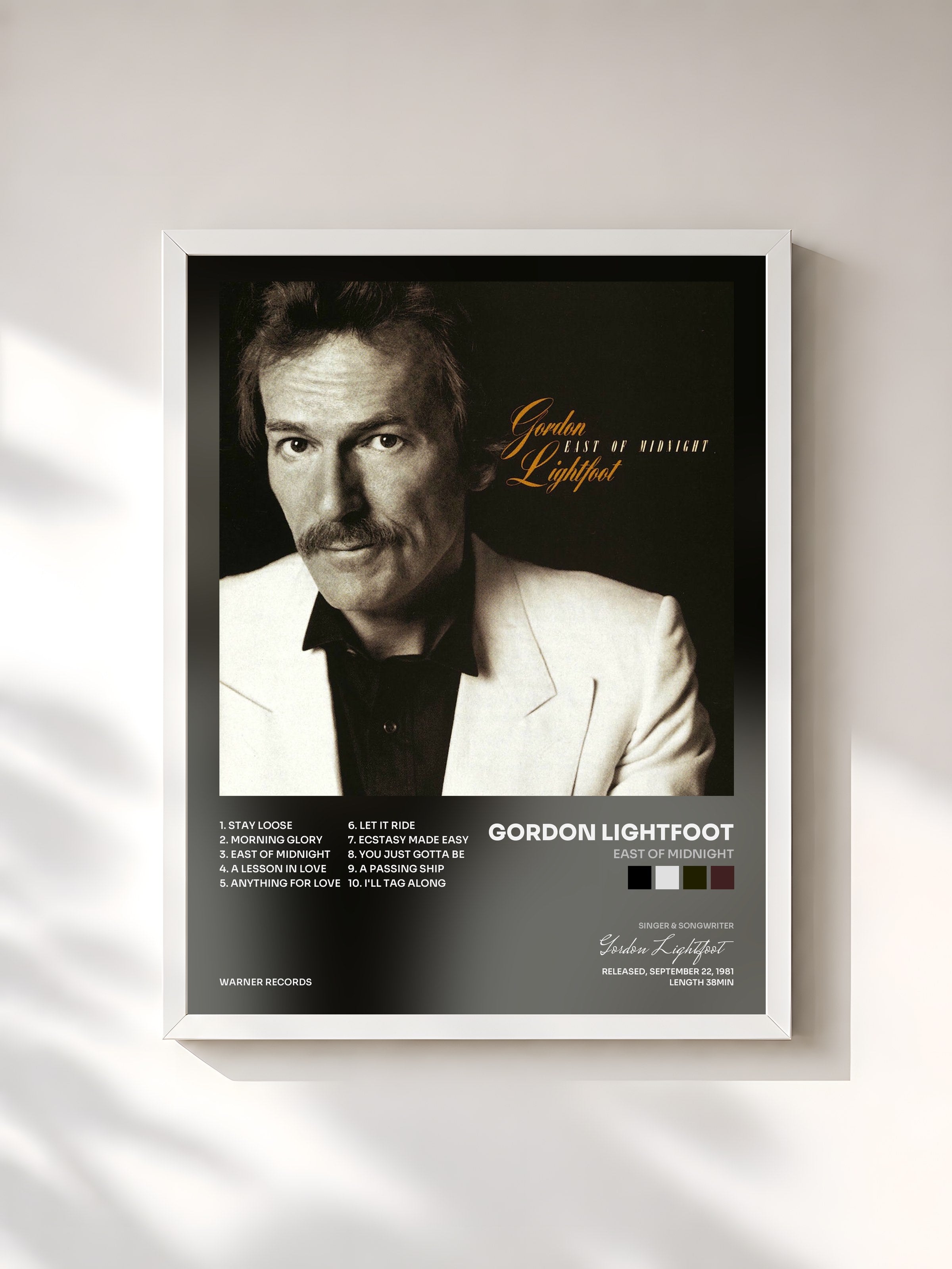 #blanc Tableau de l'album East of Midnight de Gordon Lightfoot, cadre blanc, imprimé et encadré en France