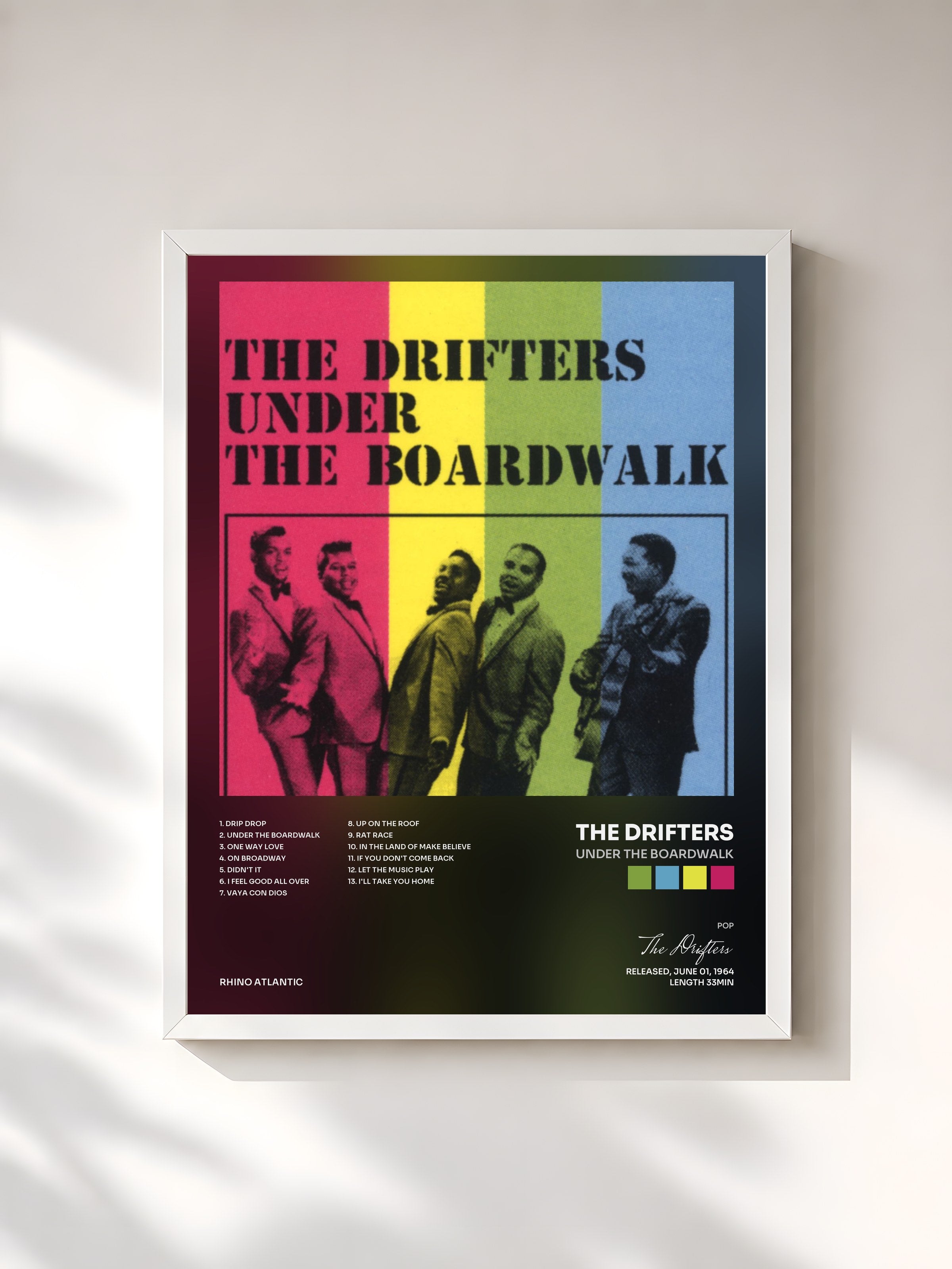 #blanc Tableau de l'album Under the Boardwalk de The Drifters, cadre blanc, imprimé et encadré en France