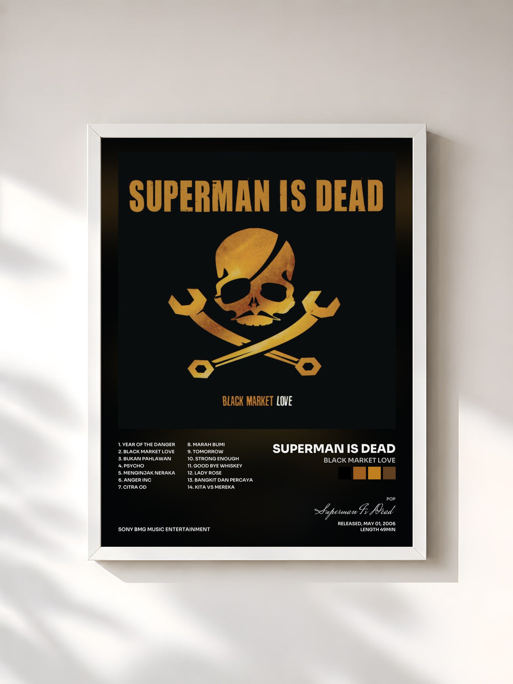 #blanc Tableau de l'album Black Market Love de Superman Is Dead, cadre blanc, imprimé et encadré en France
