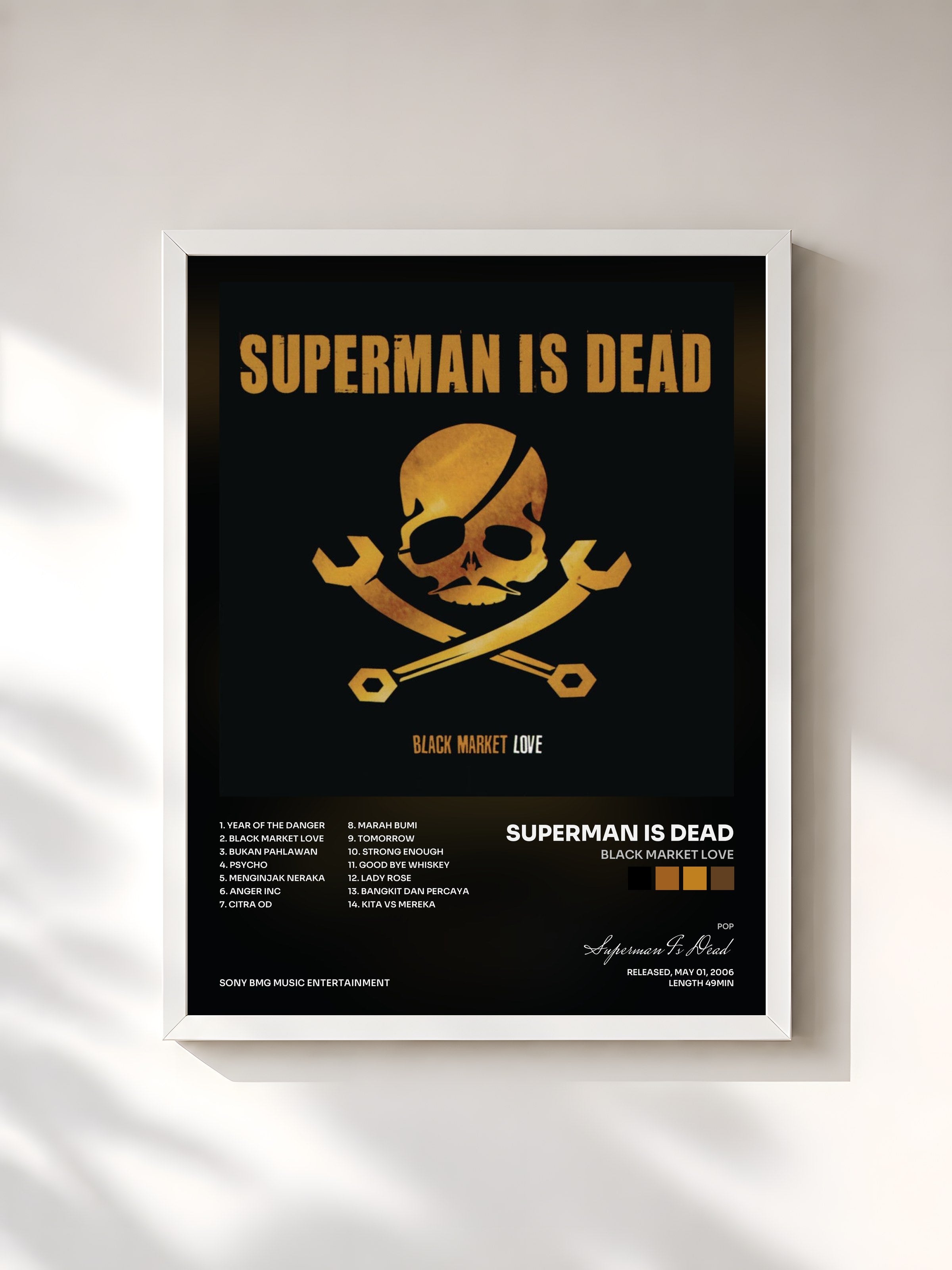 #blanc Tableau de l'album Black Market Love de Superman Is Dead, cadre blanc, imprimé et encadré en France