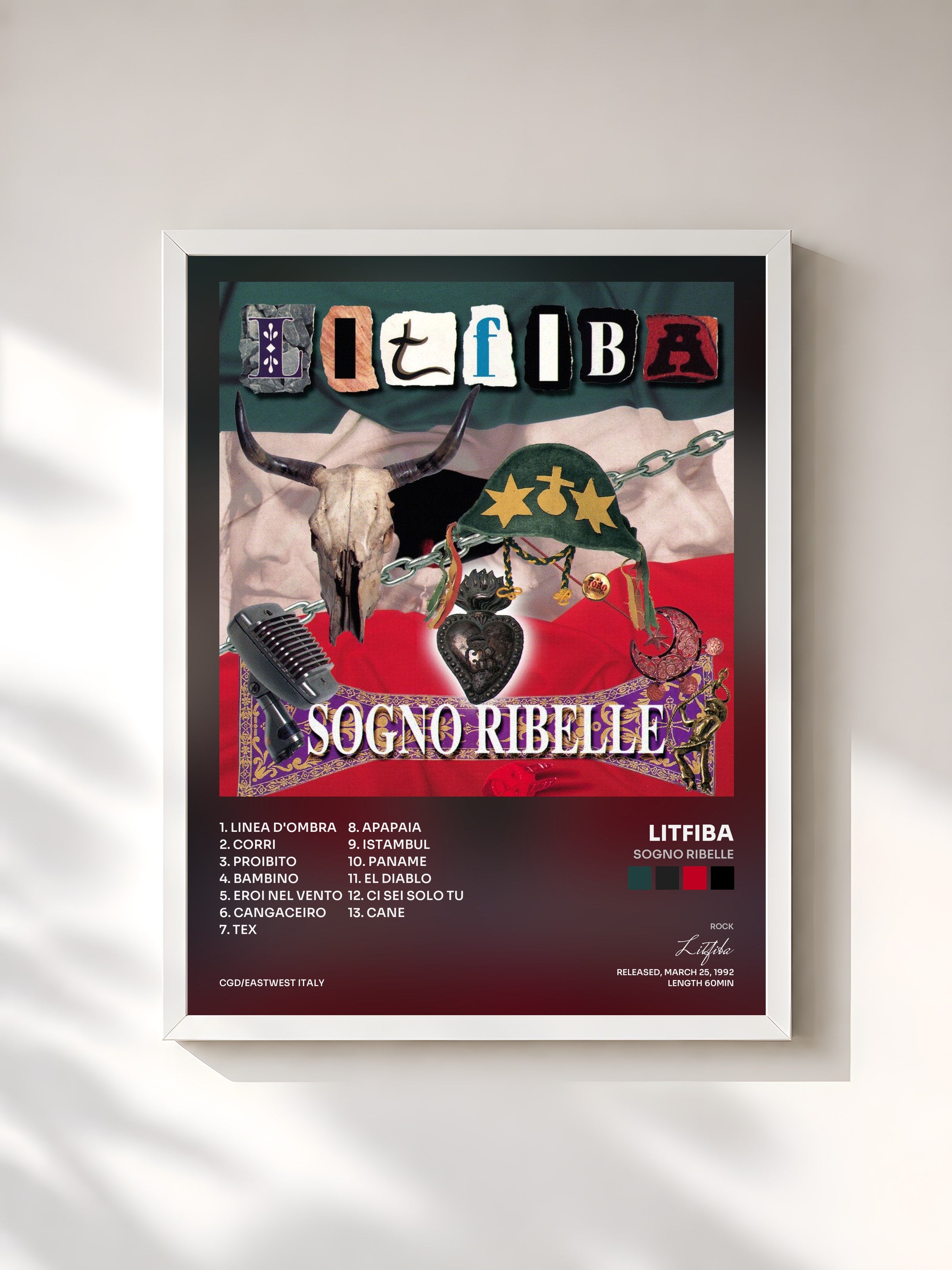 #blanc Tableau de l'album Sogno Ribelle de Litfiba, cadre blanc, imprimé et encadré en France