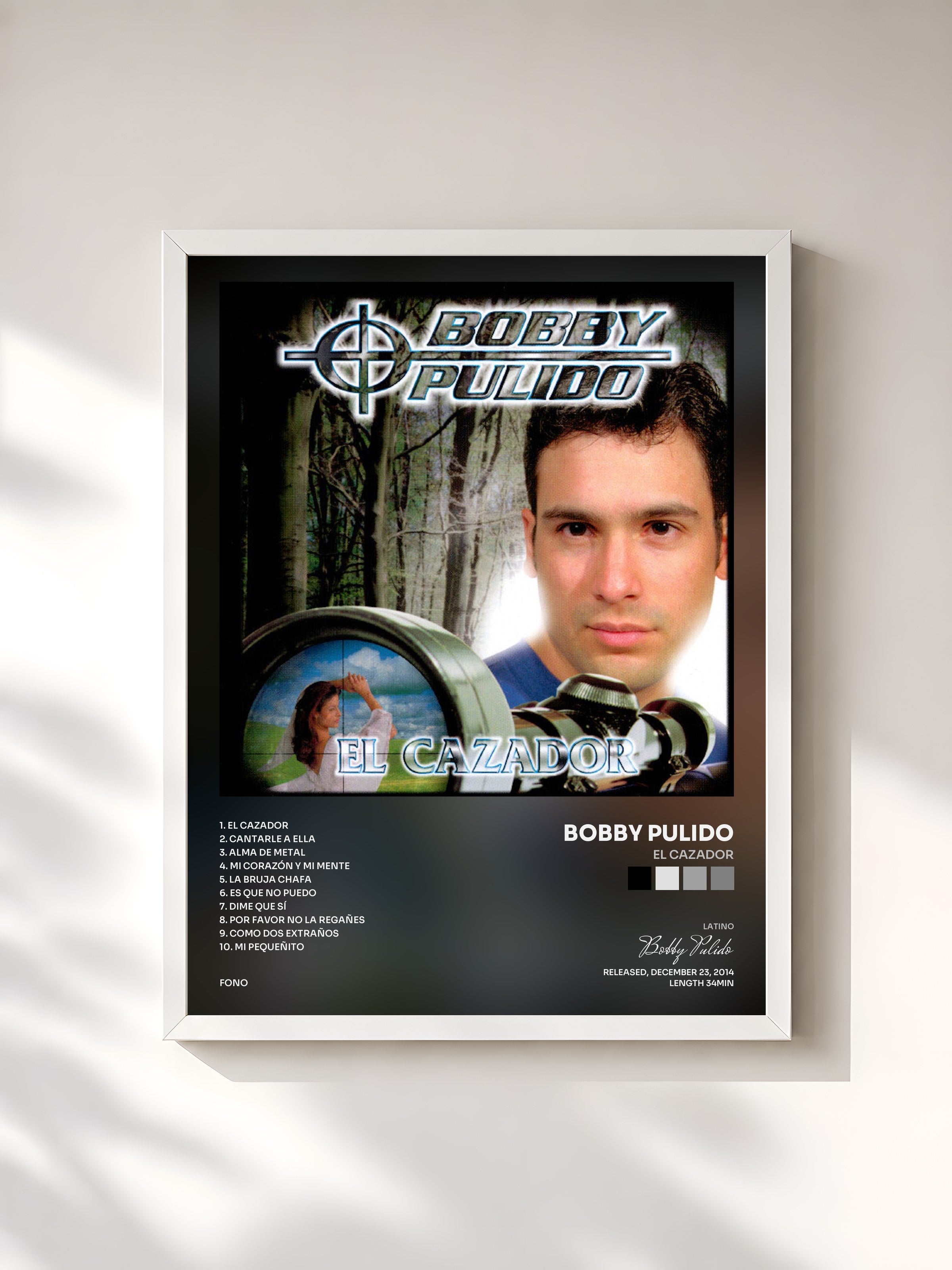 #blanc Tableau de l'album El Cazador de Bobby Pulido, cadre blanc, imprimé et encadré en France